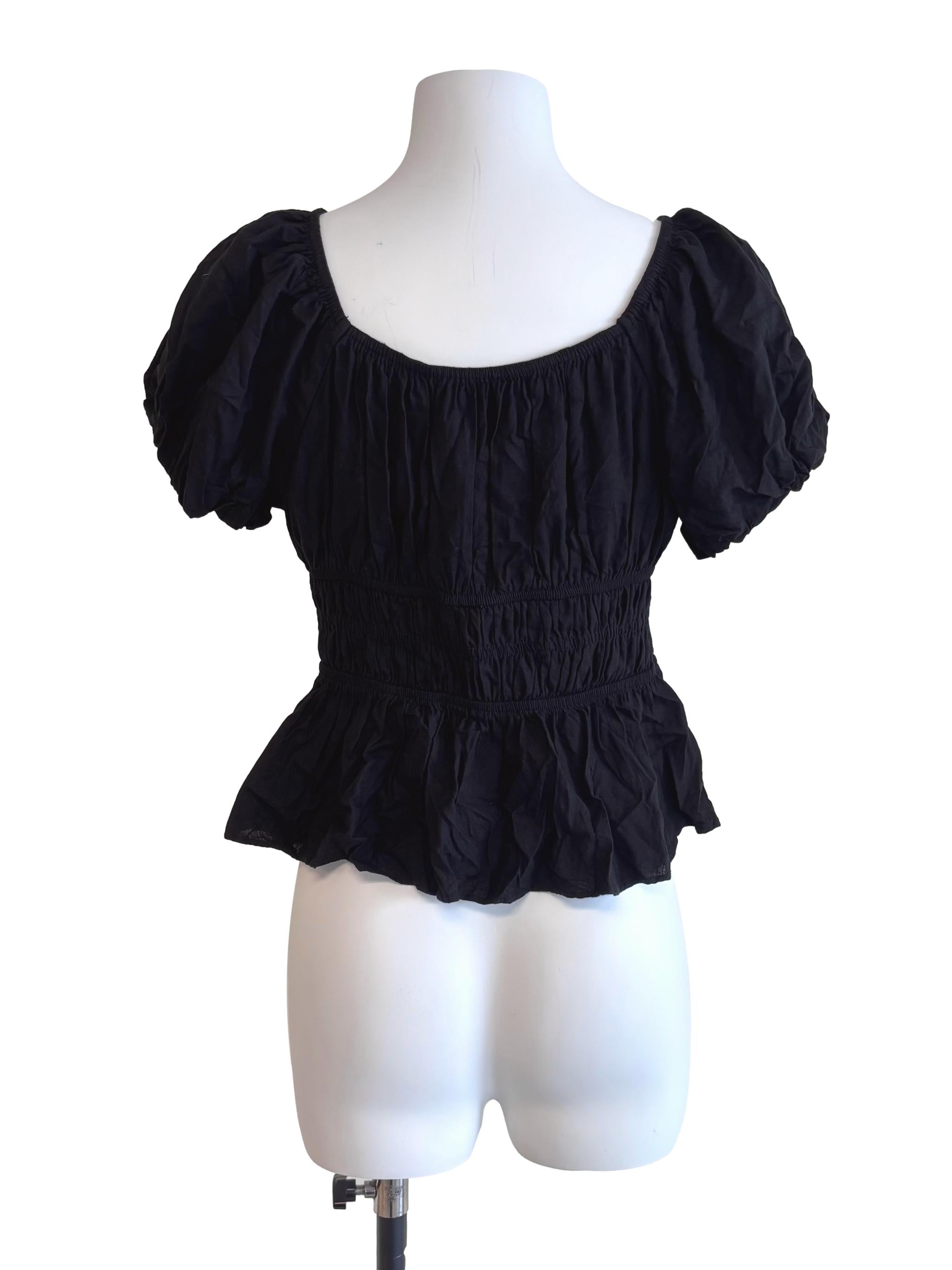 Black Shirred V Neck Top