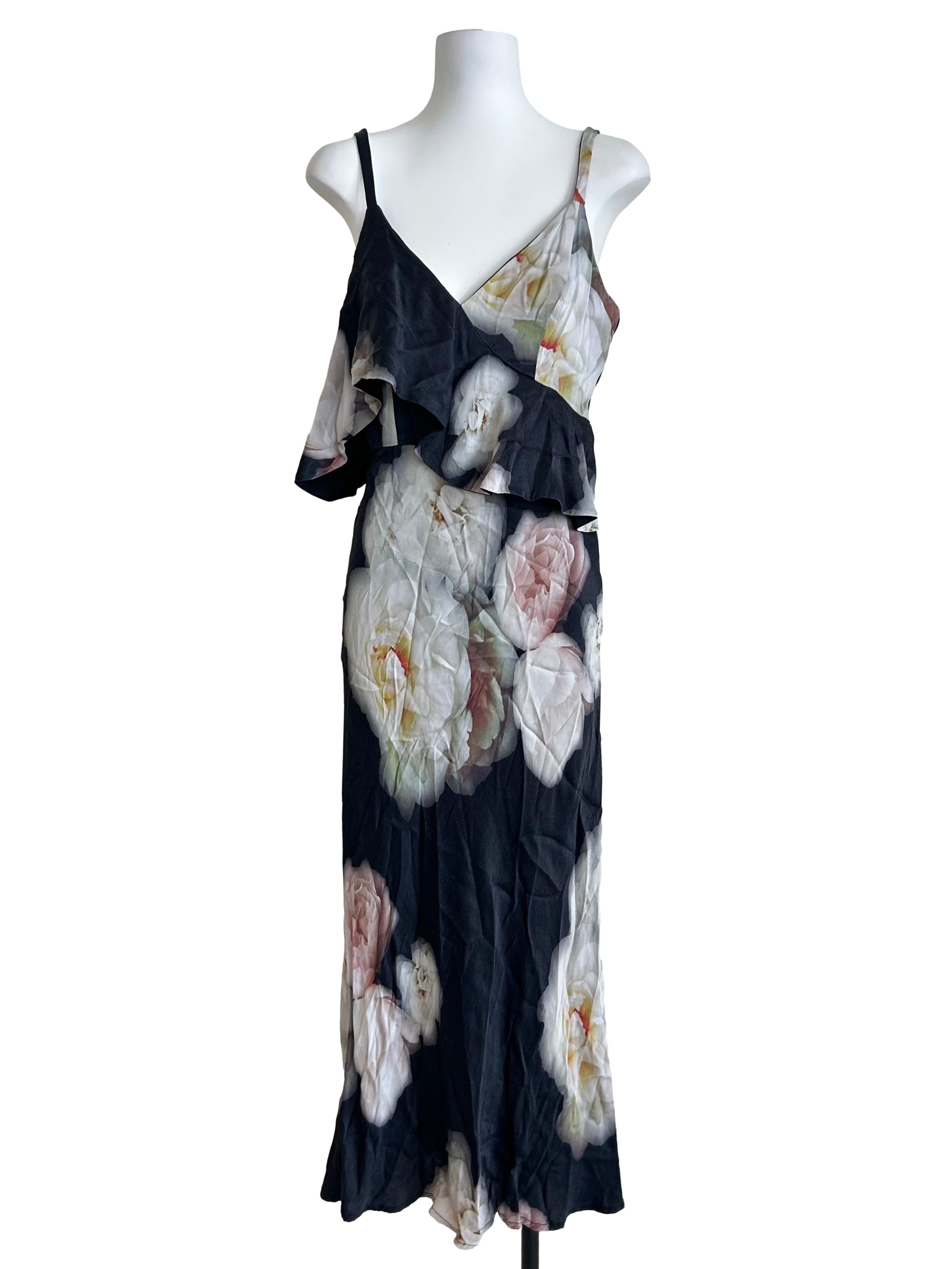 Black Big Floral Ruffle Dress