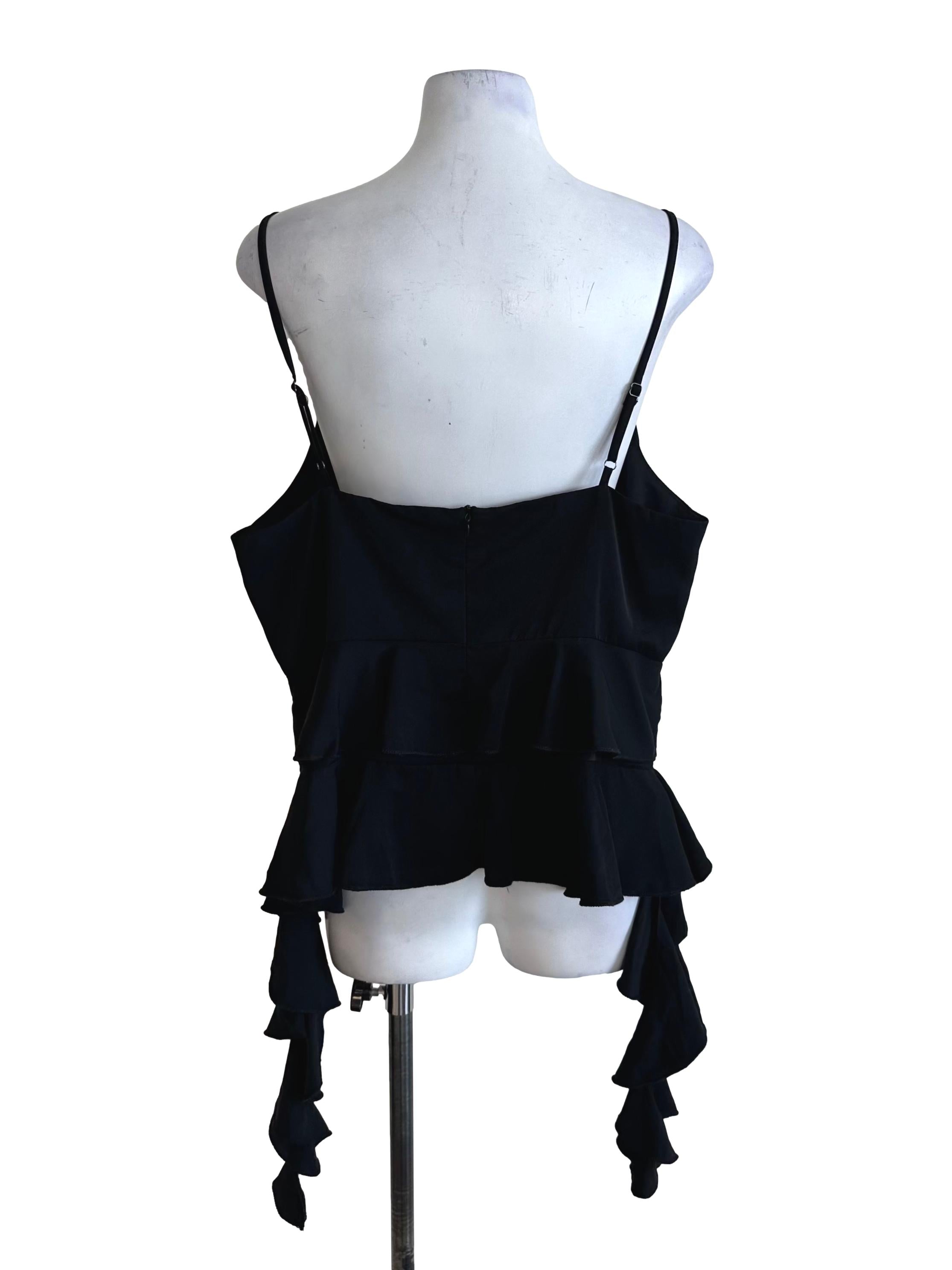 Raven Black Deep V Neck Ruffle Top TTR