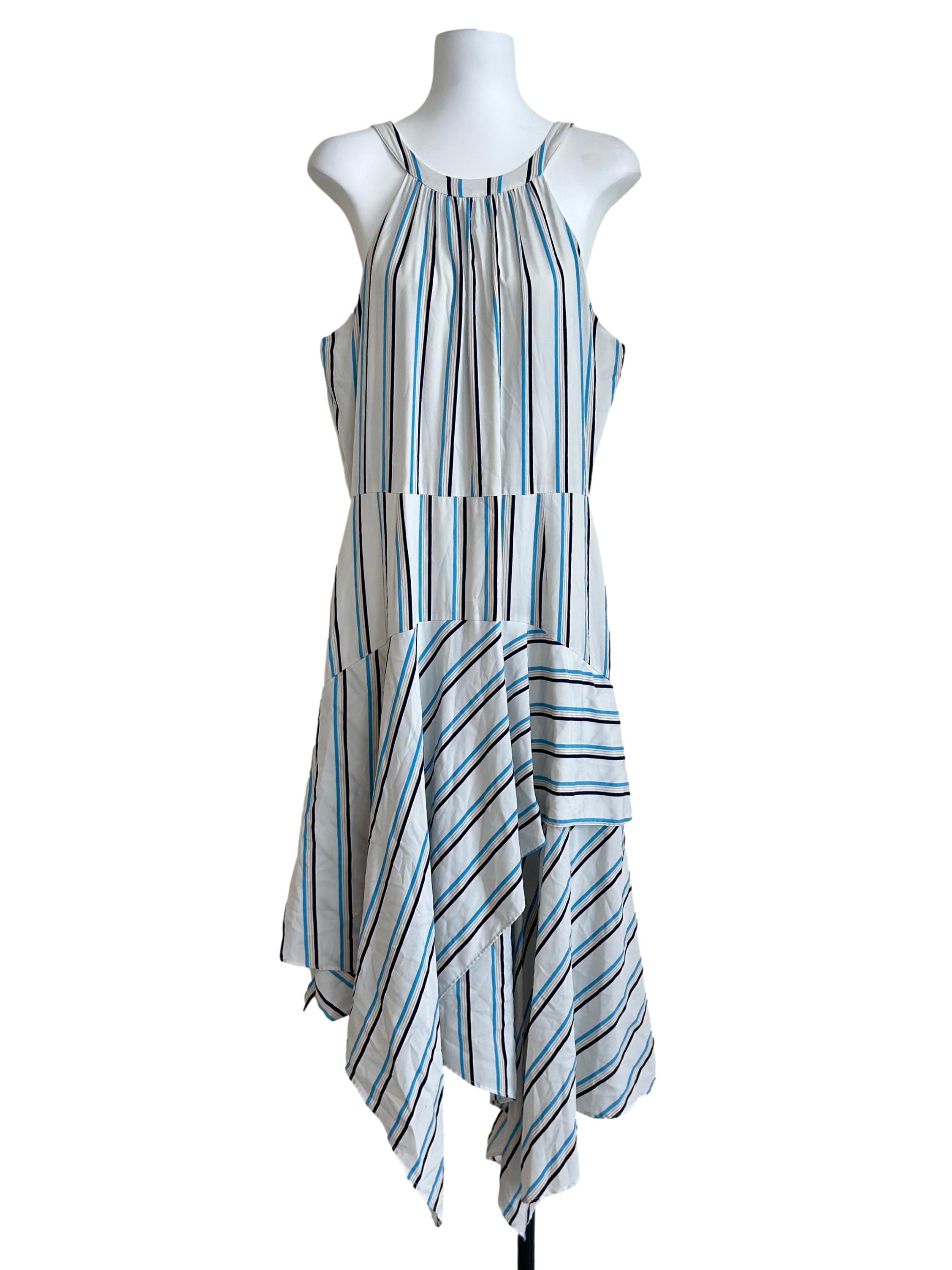 White & Blue Striped Asymmetric Halter Dress