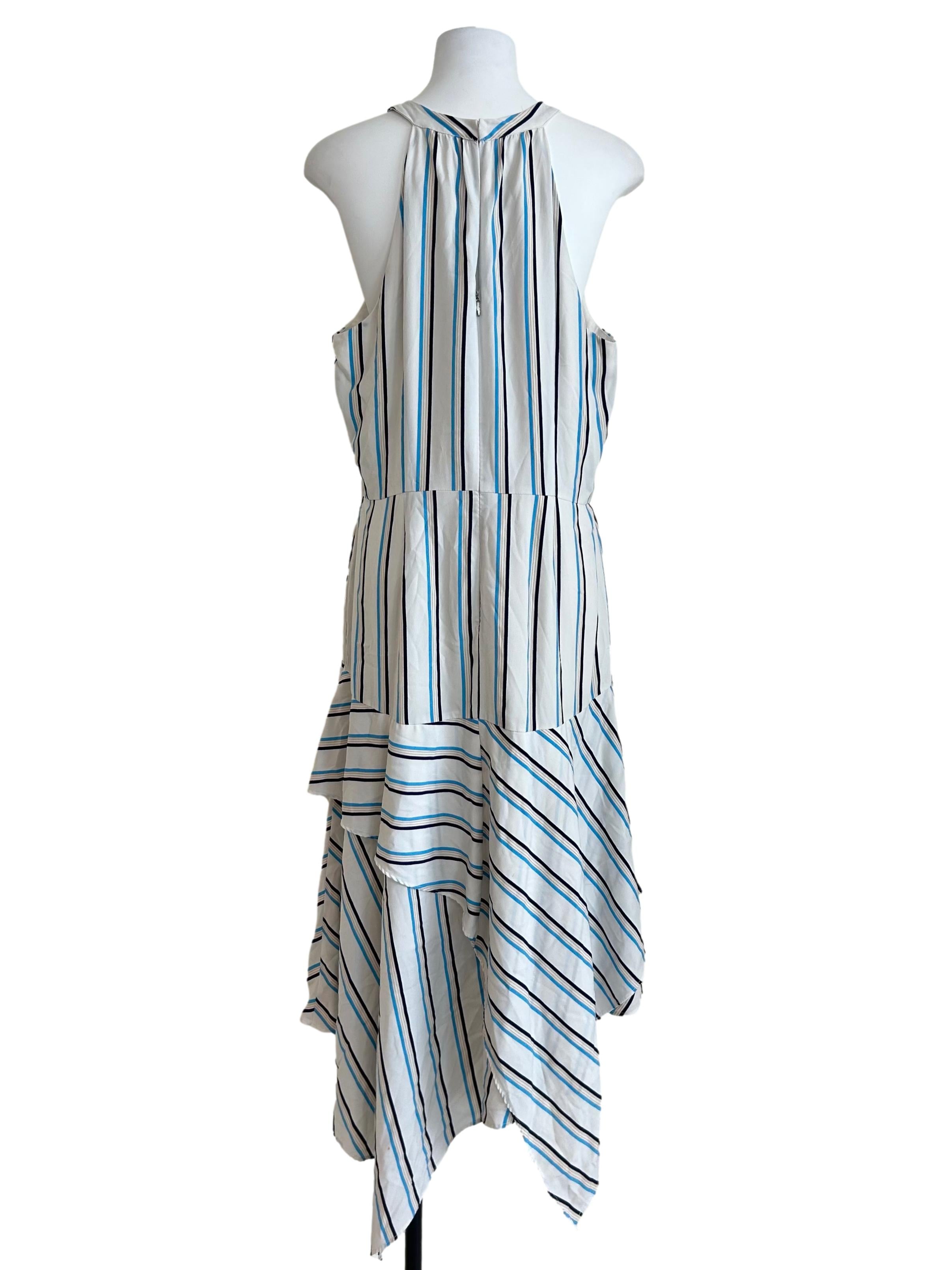 White & Blue Striped Asymmetric Halter Dress