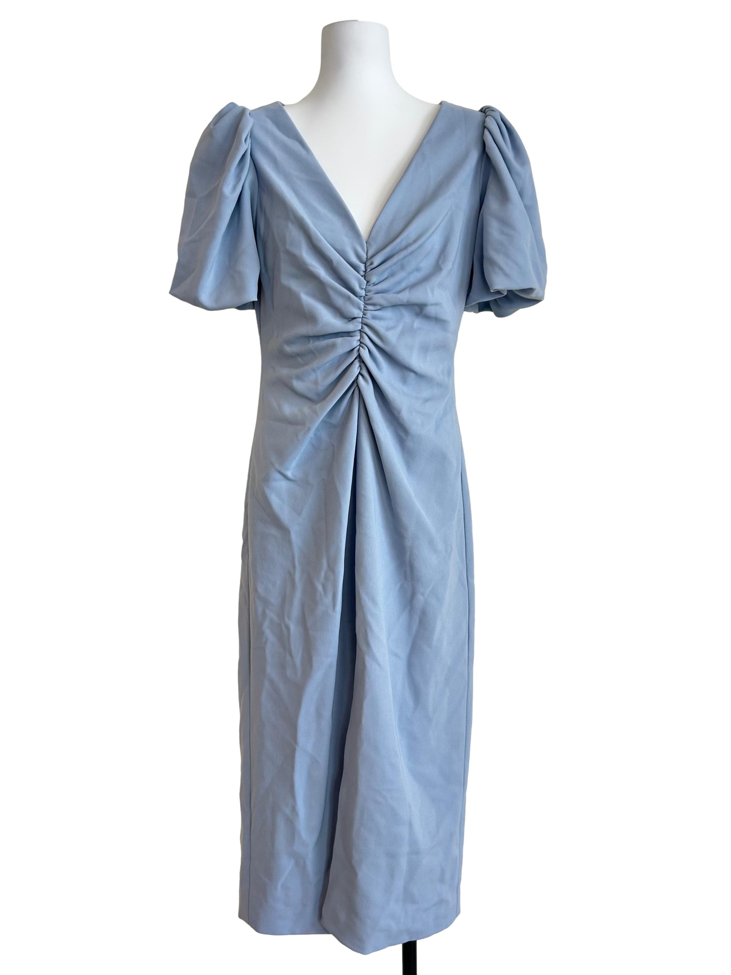 Light Blue Ruched Front Puff Dress