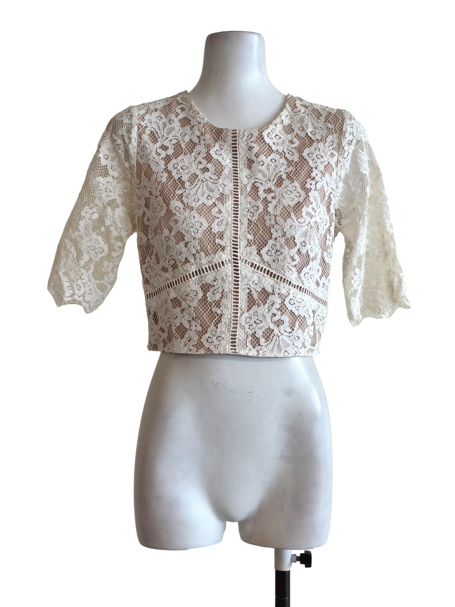 Beige White Lace Crop Top