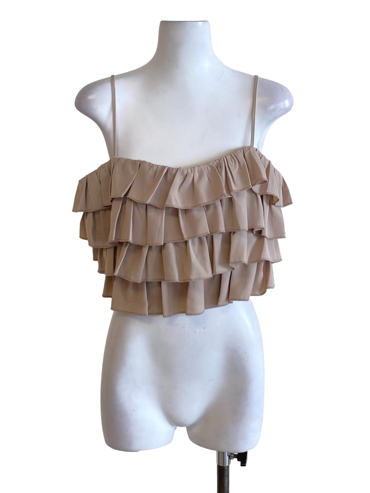 Light Cedar Brown Spaghetti Strap Ruffle Tiered Cropped Top