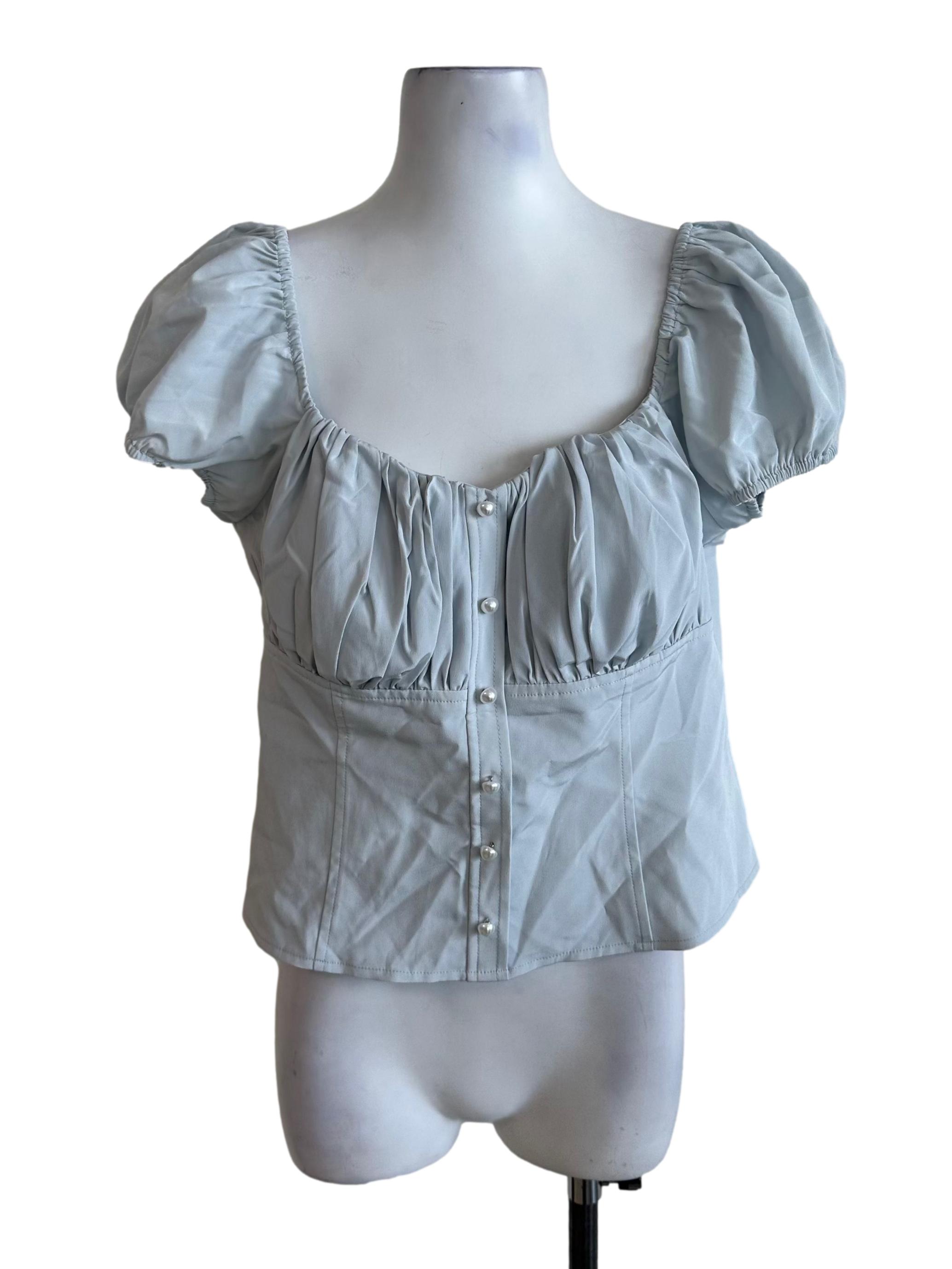 Ash Blue Ruched Button Puff Sleeve Top