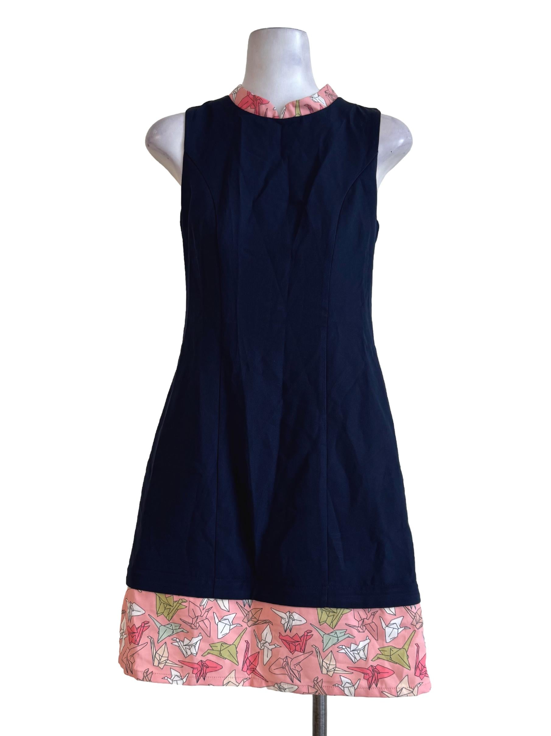 Plain Navy Blue With Crane Bird Paper Origami Print Collar And  Bottom Sleeveless Dress