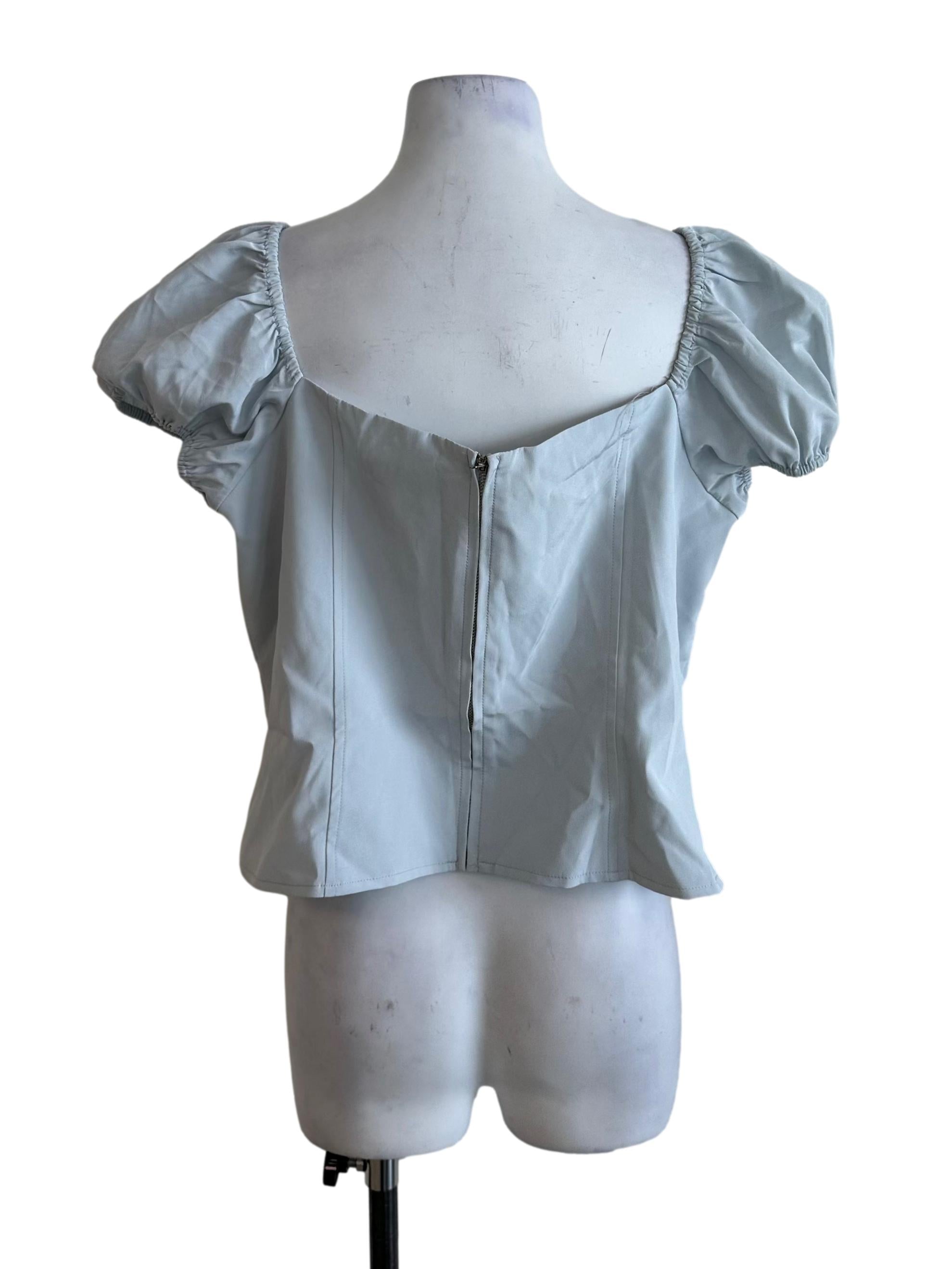 Ash Blue Ruched Button Puff Sleeve Top