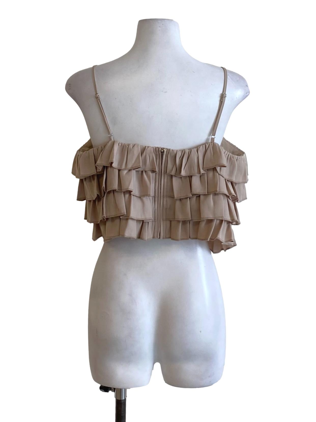 Light Cedar Brown Spaghetti Strap Ruffle Tiered Cropped Top