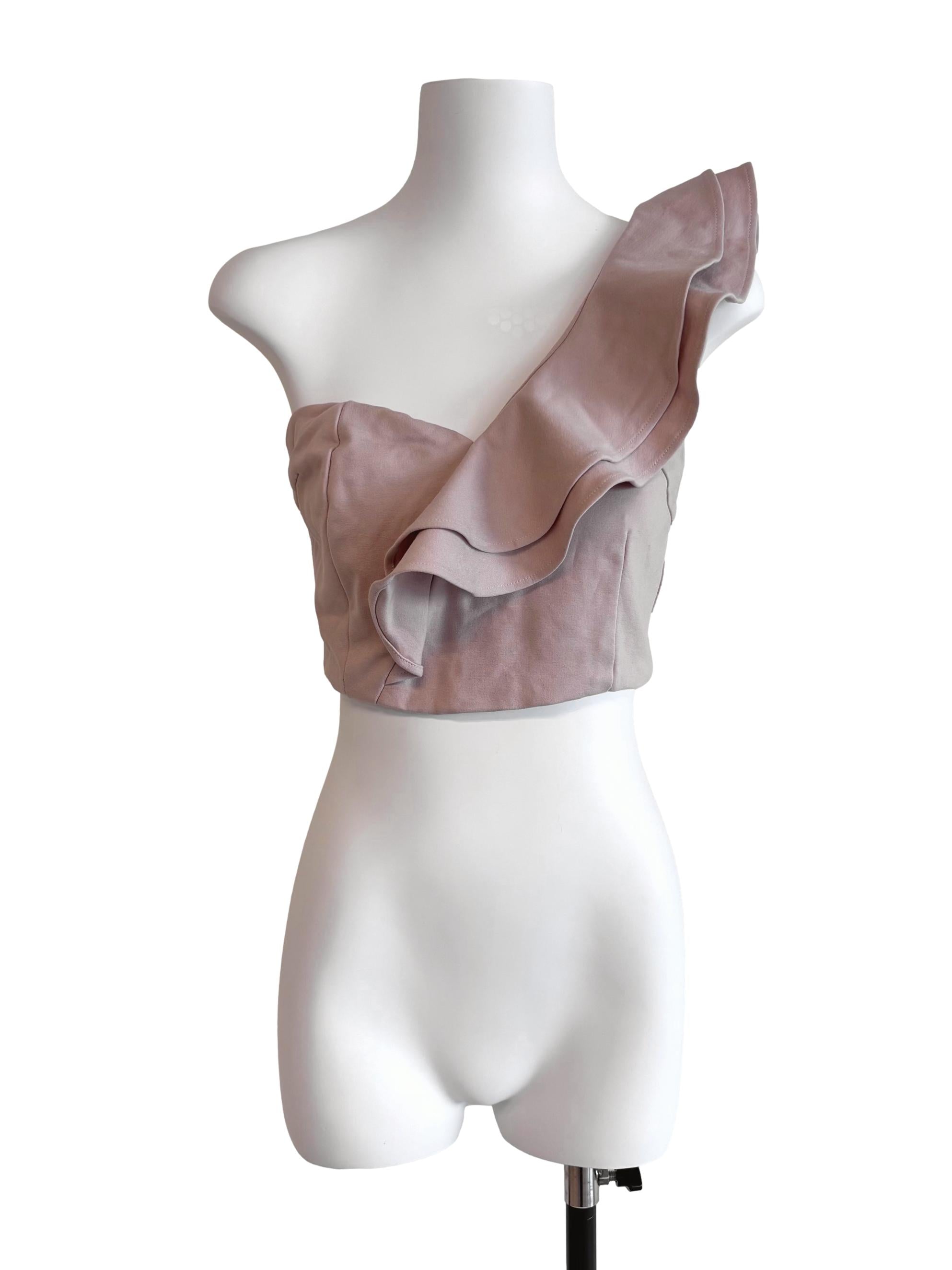 Nude Beige One Shoulder Ruffle Crop Top