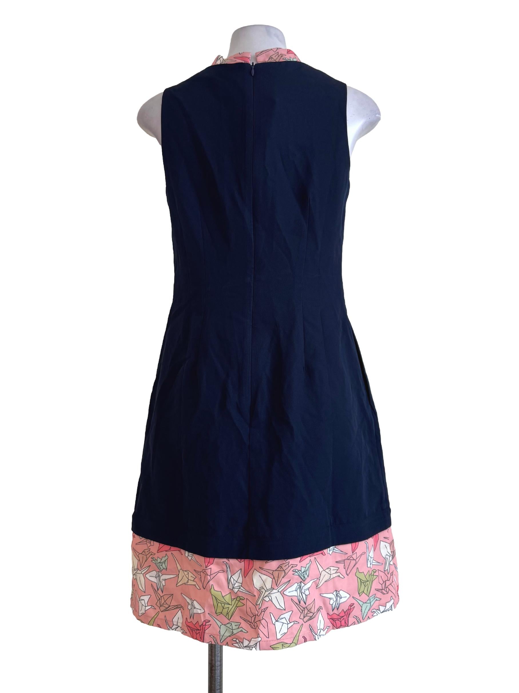 Plain Navy Blue With Crane Bird Paper Origami Print Collar And  Bottom Sleeveless Dress