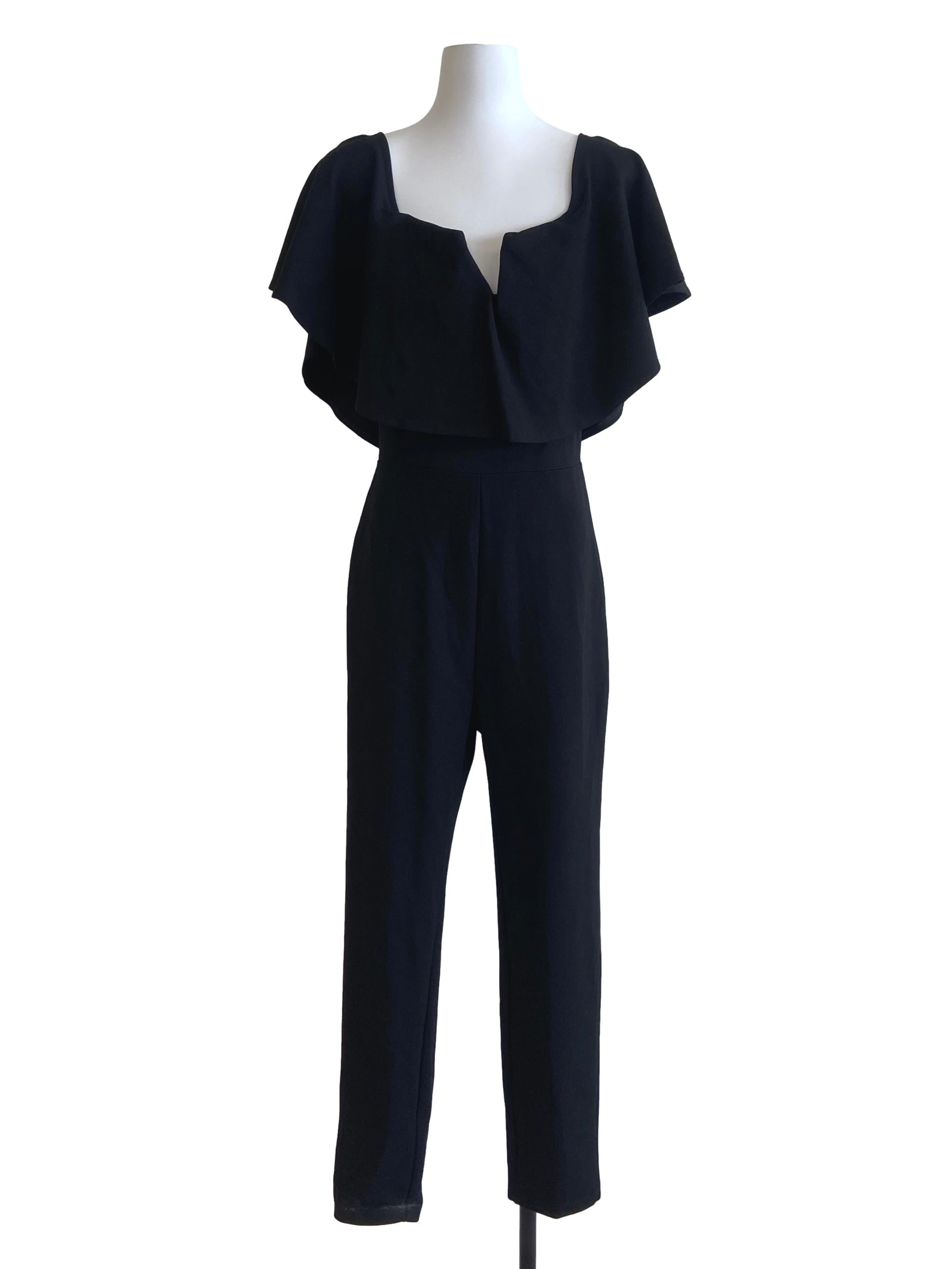Black Ruffled Neck Long Jumpsuit