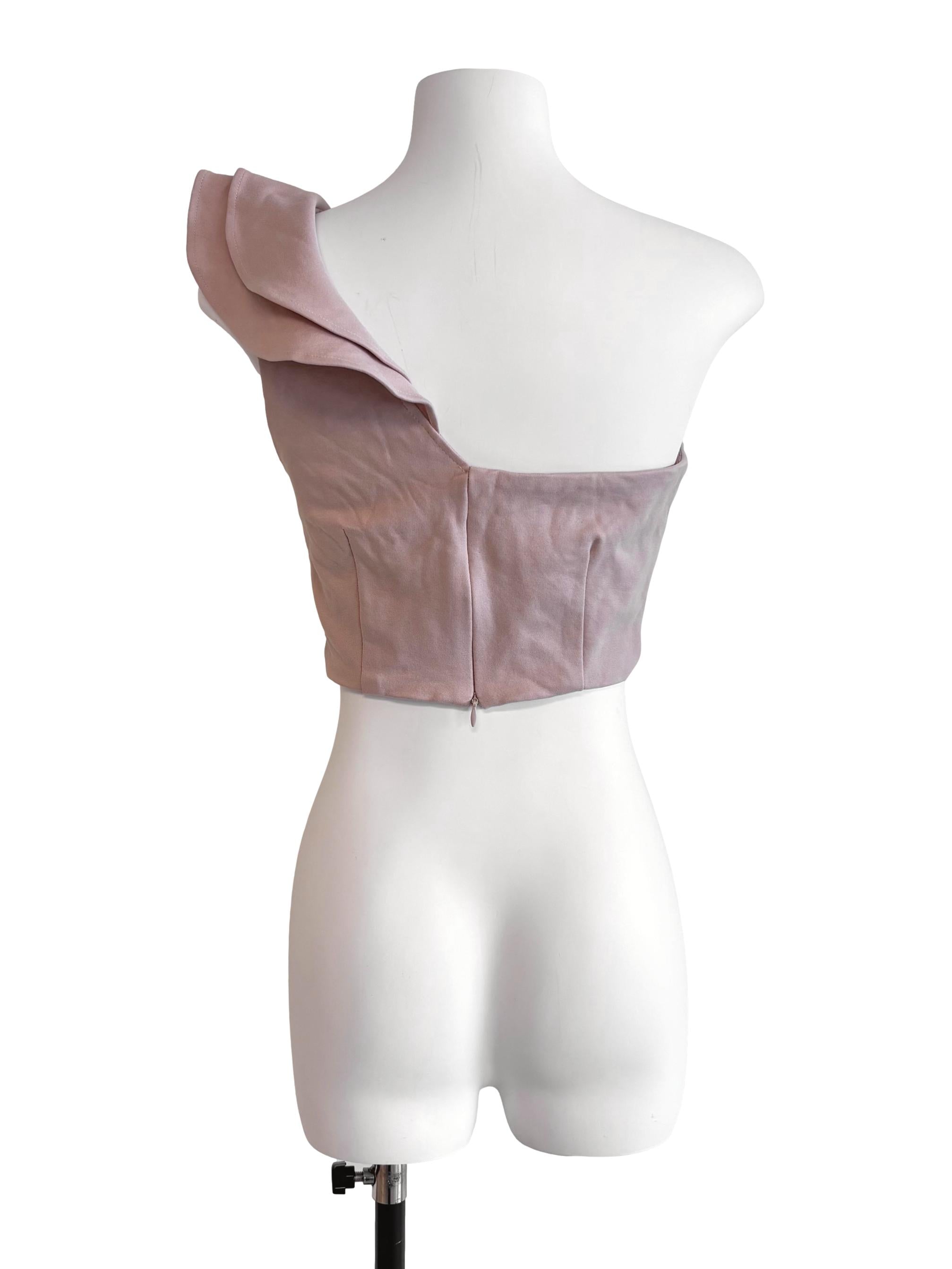 Nude Beige One Shoulder Ruffle Crop Top