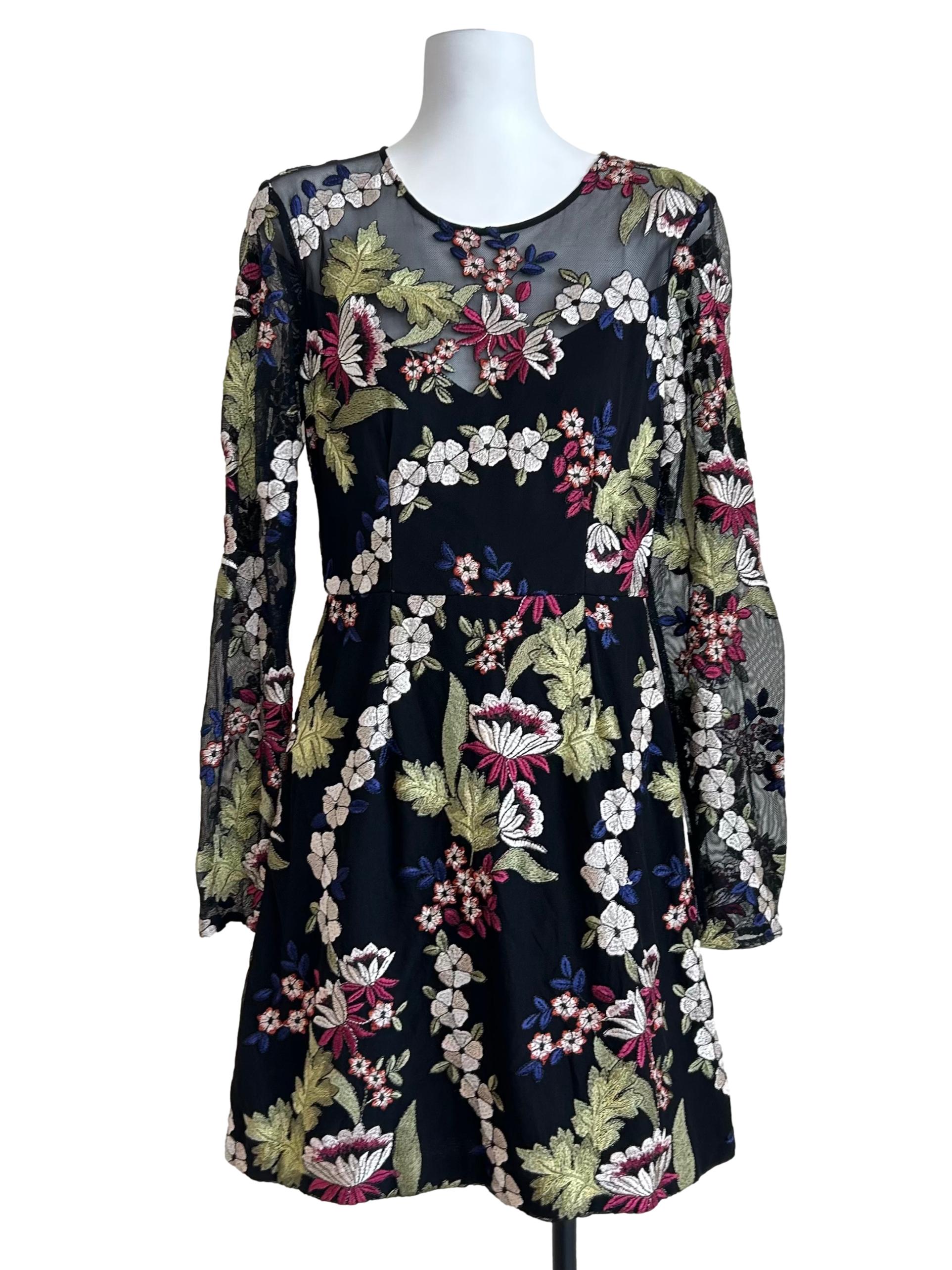 Black Floral Embroidered Mesh Dress
