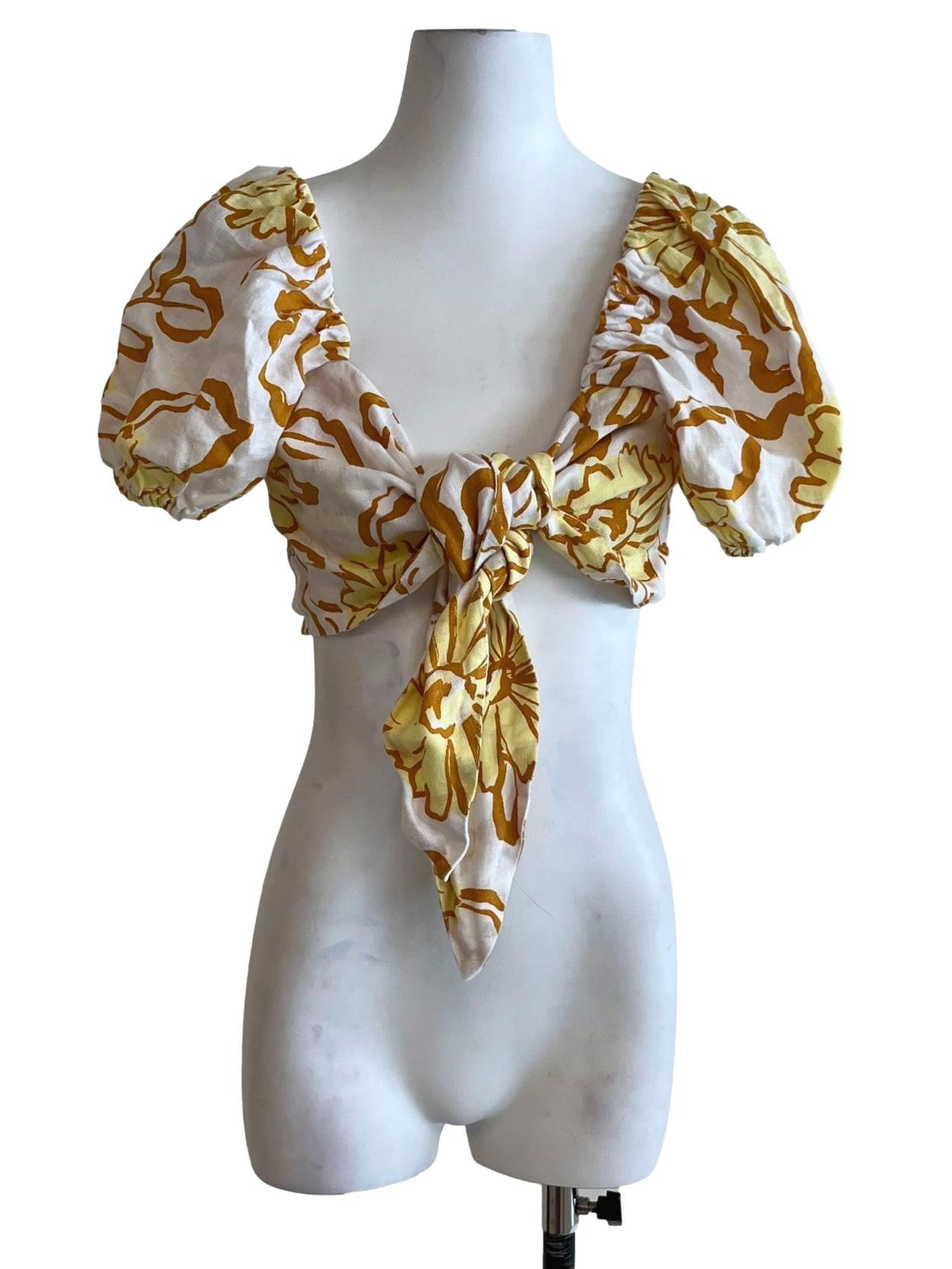 White Yellow Linen Eva Crop Top