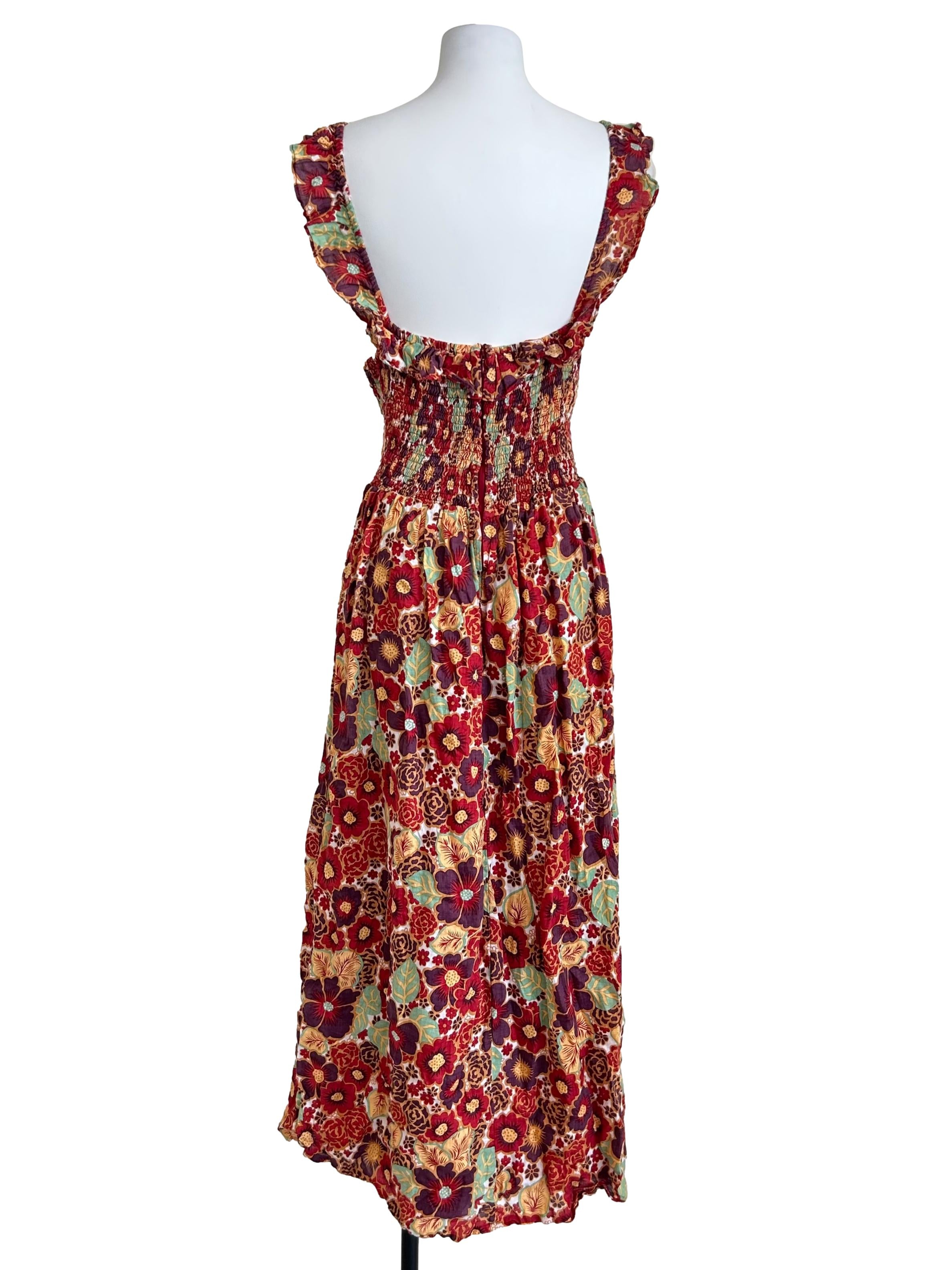 Red Smocked Floral Midi Dress