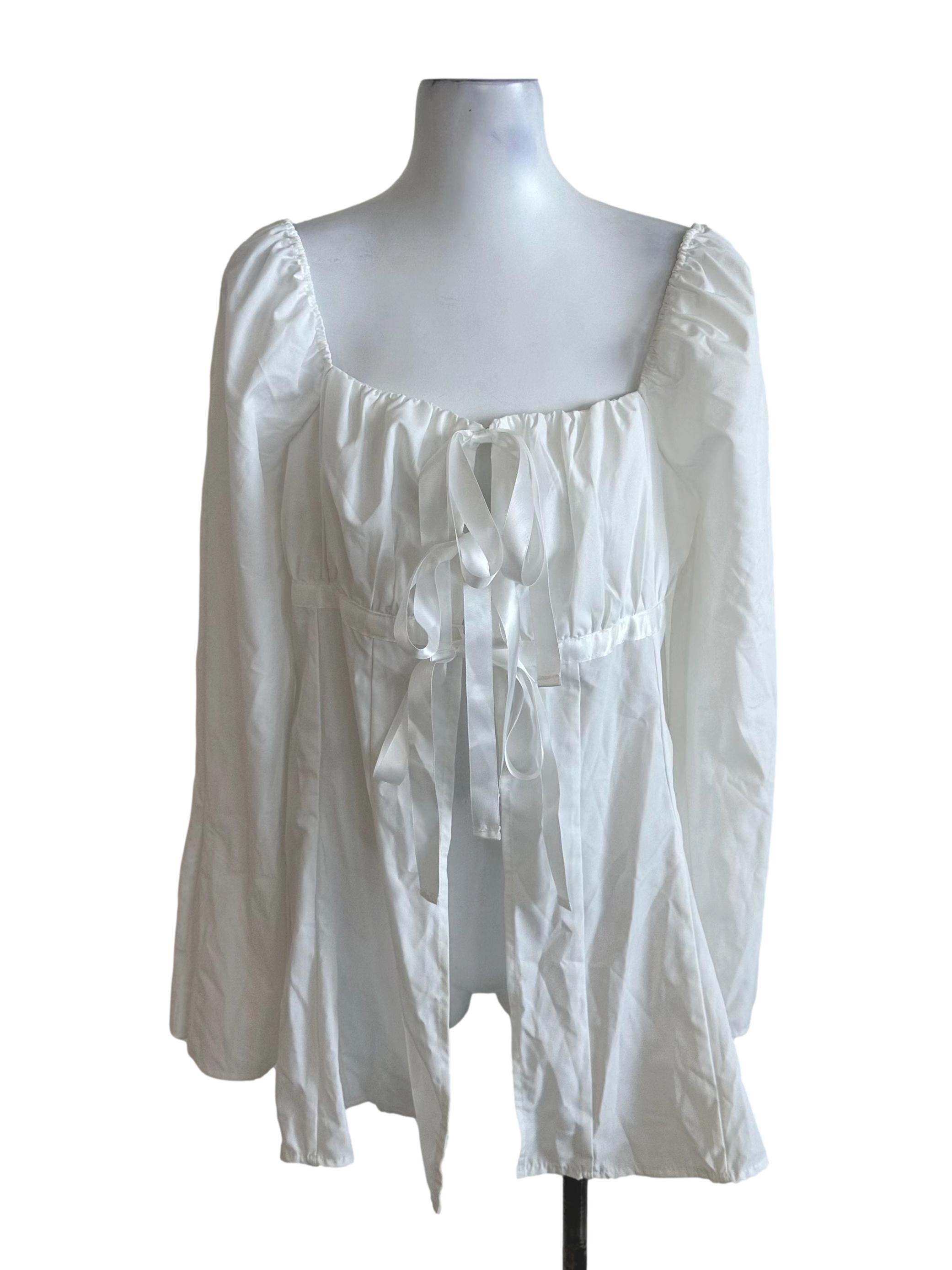 Pearl White Front Tie Long Sleeve Top YHF