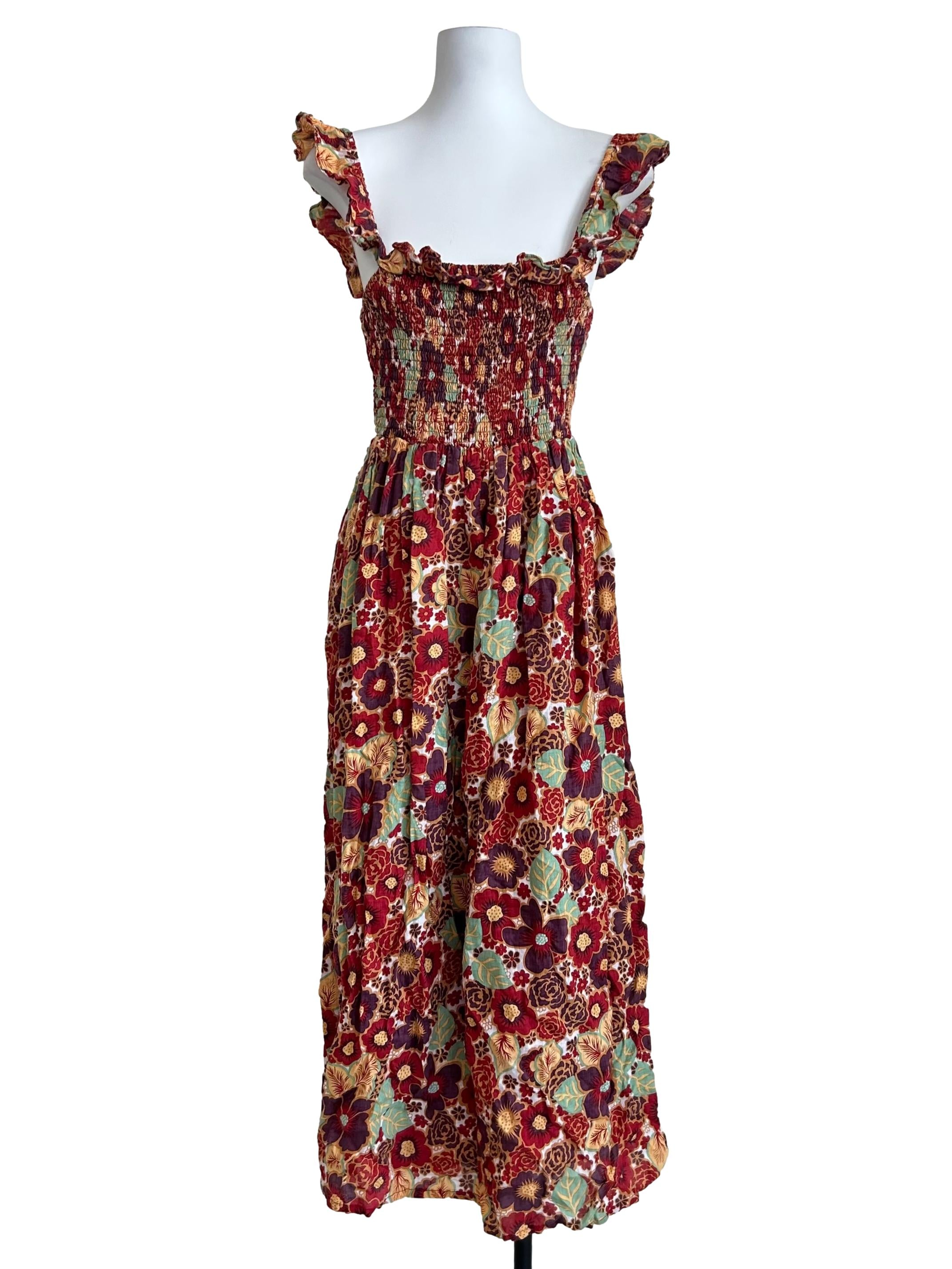 Red Smocked Floral Midi Dress
