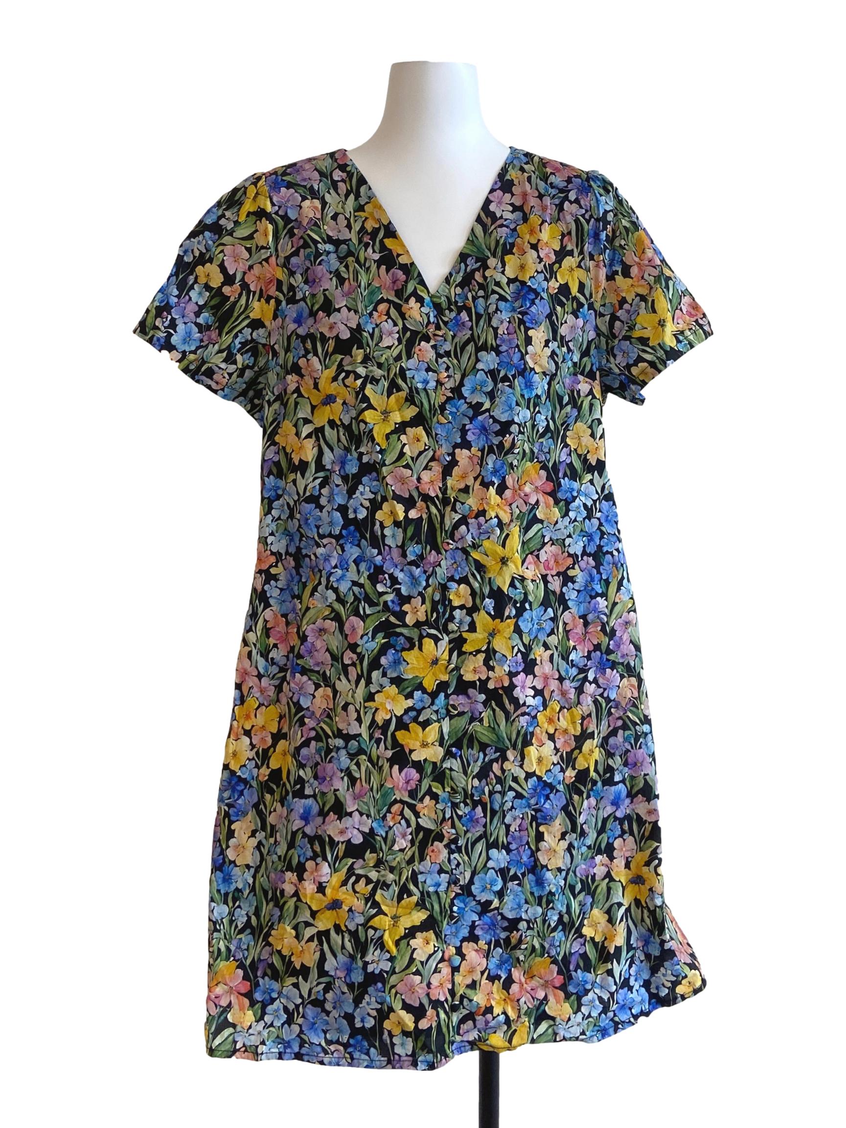 Black Colourful Floral V Neck Dress