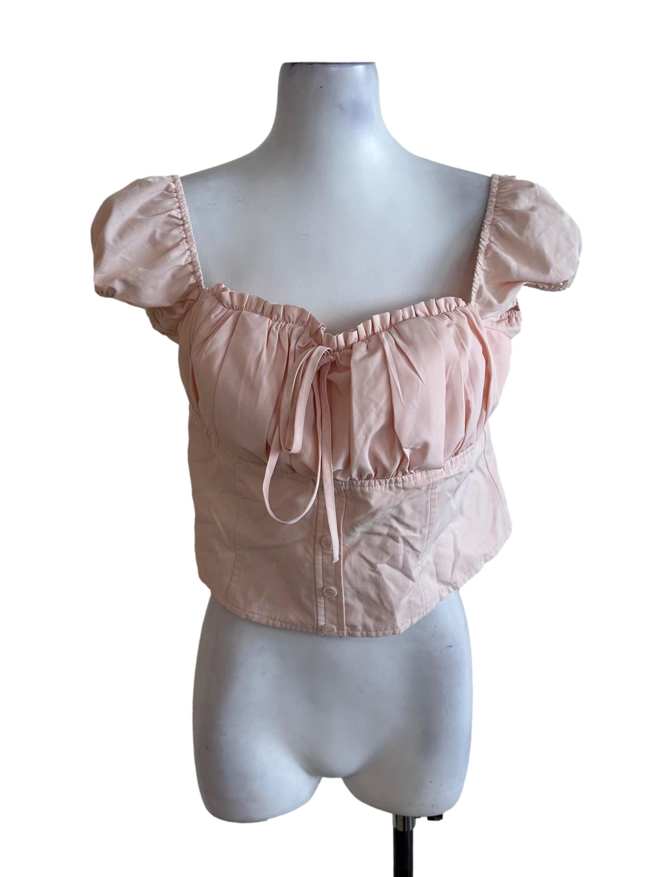 Light Pink Ruched Ribbon Puff Sleeve Top