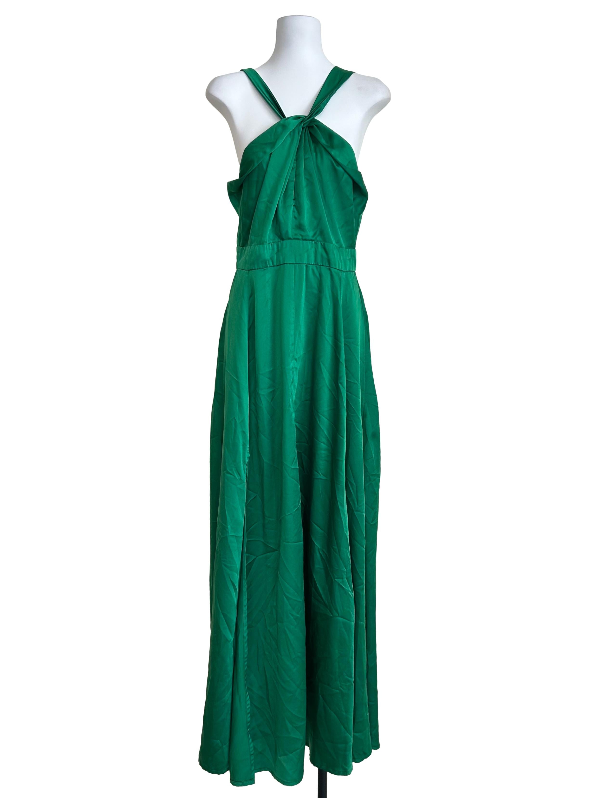 Emerald Green Satin Halter Maxi Dress