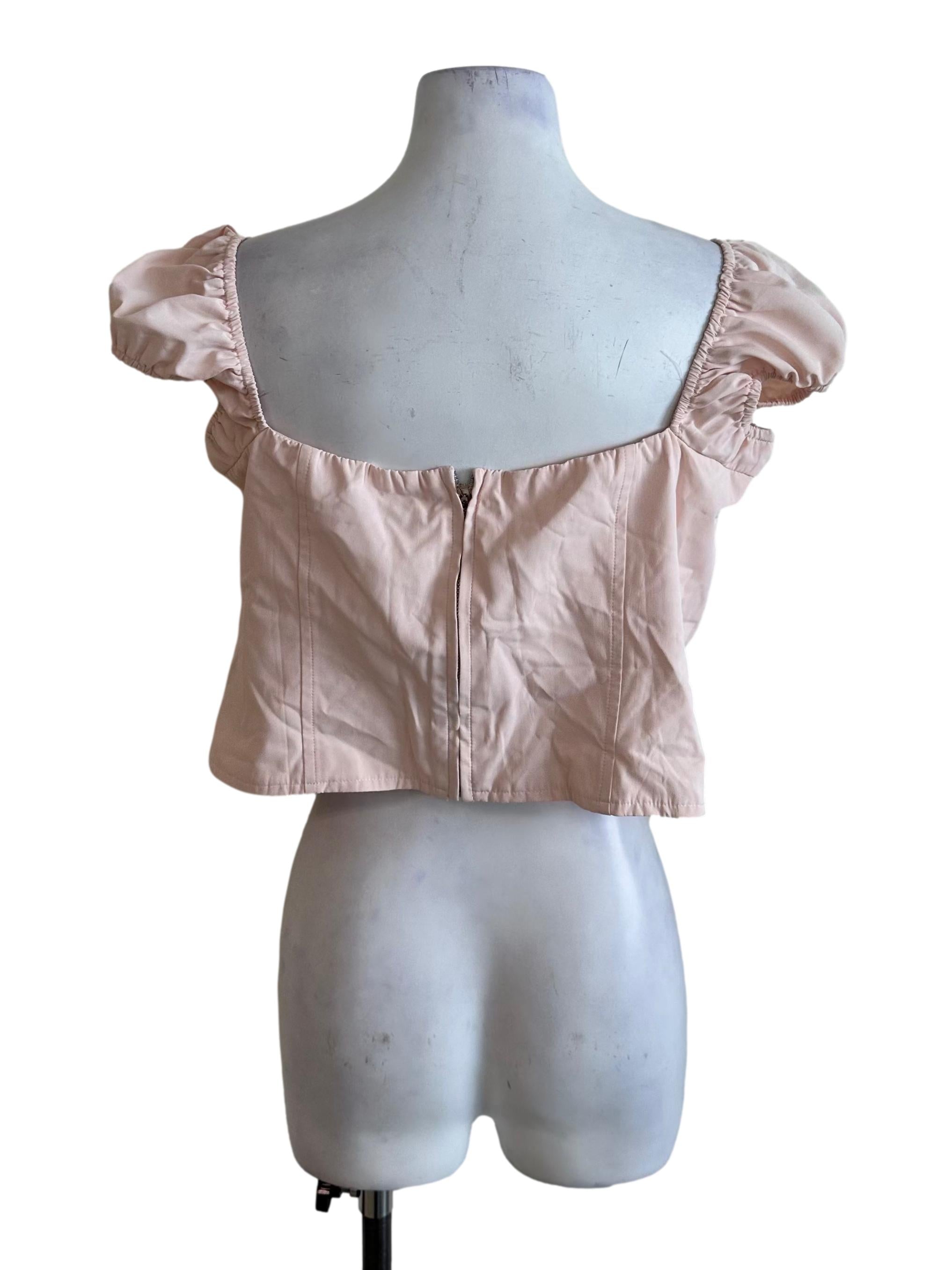 Light Pink Ruched Ribbon Puff Sleeve Top