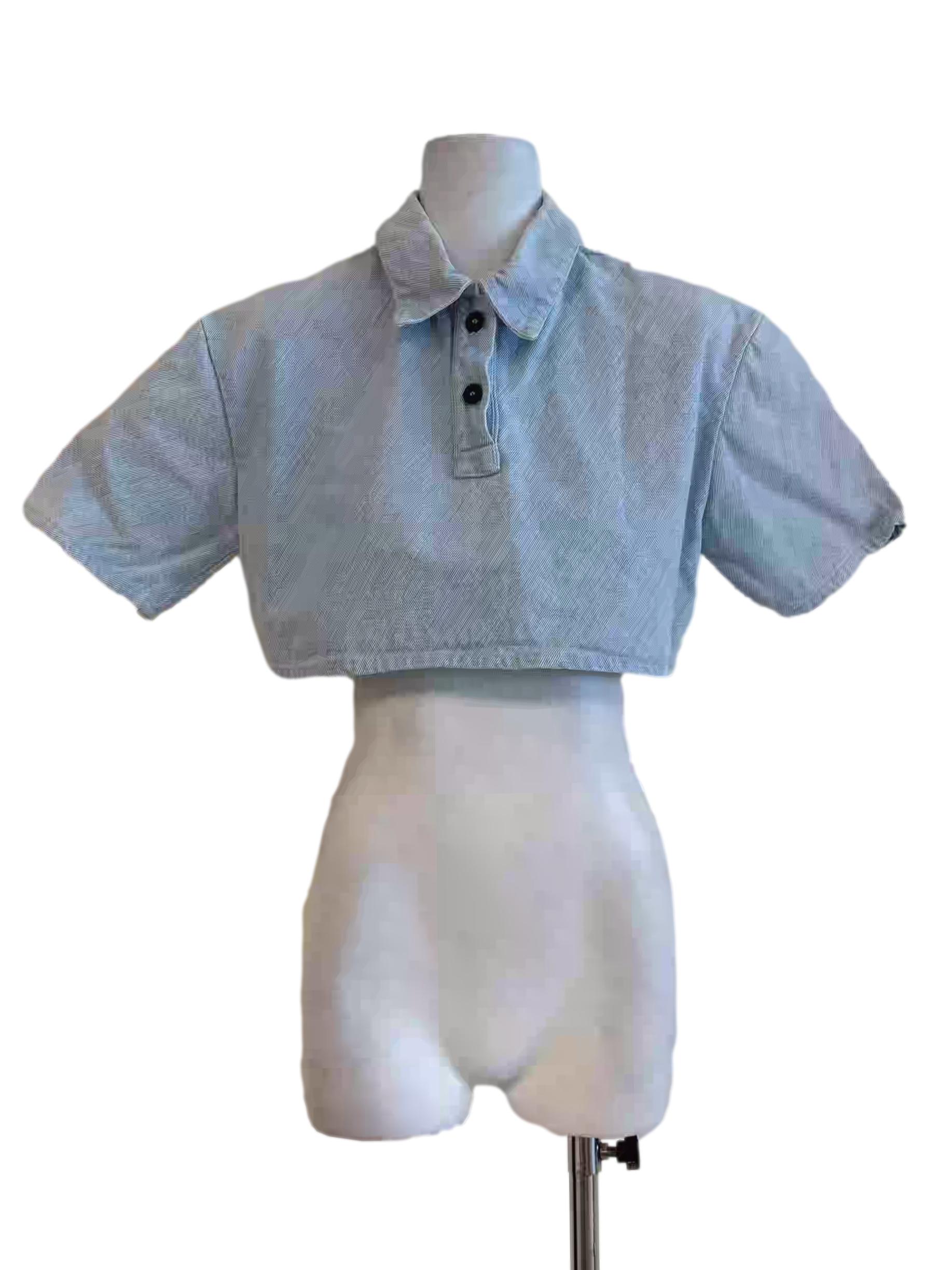 Light Blue Collared Crop Denim Top