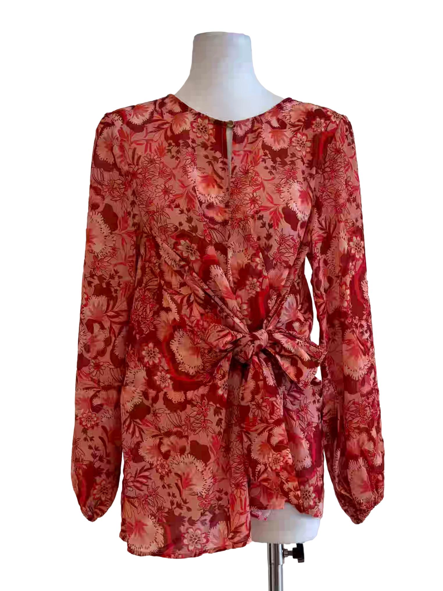 Scarlet Red Long Sleeve Front Tie Floral Top