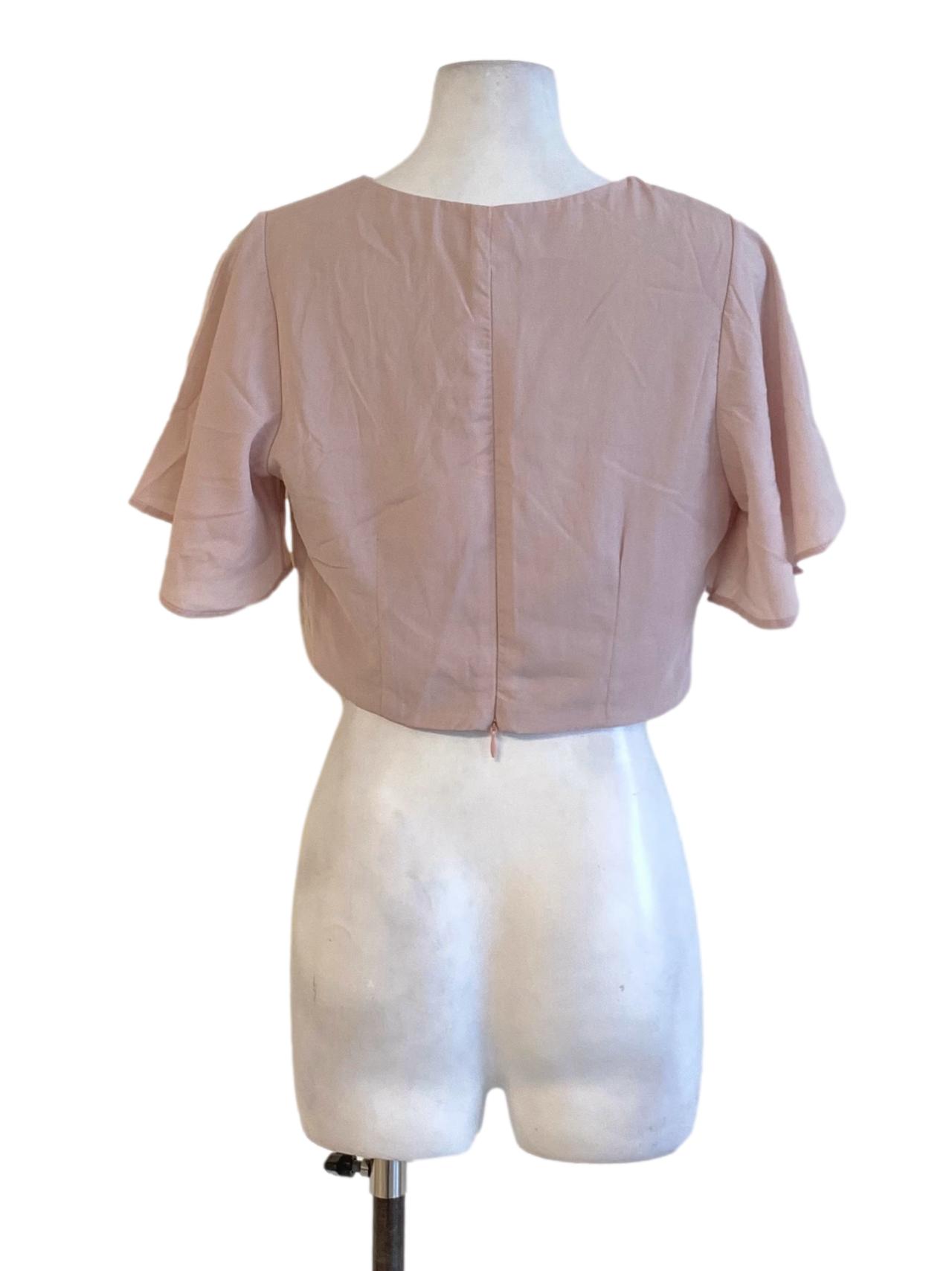 Crepe Pink Zip Up V-Neck Cropped Top