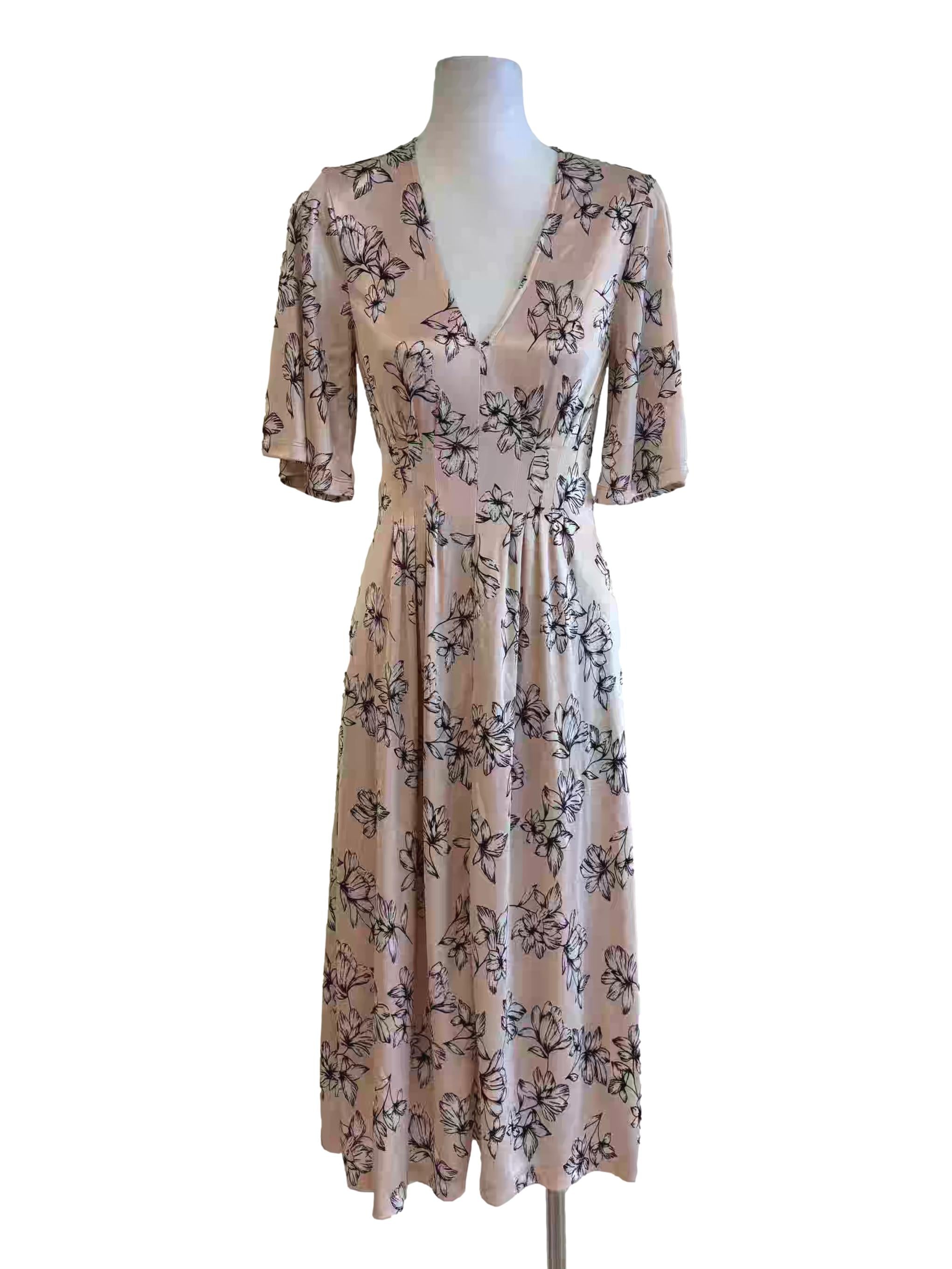 Champagne Floral Fitted Waist Dress