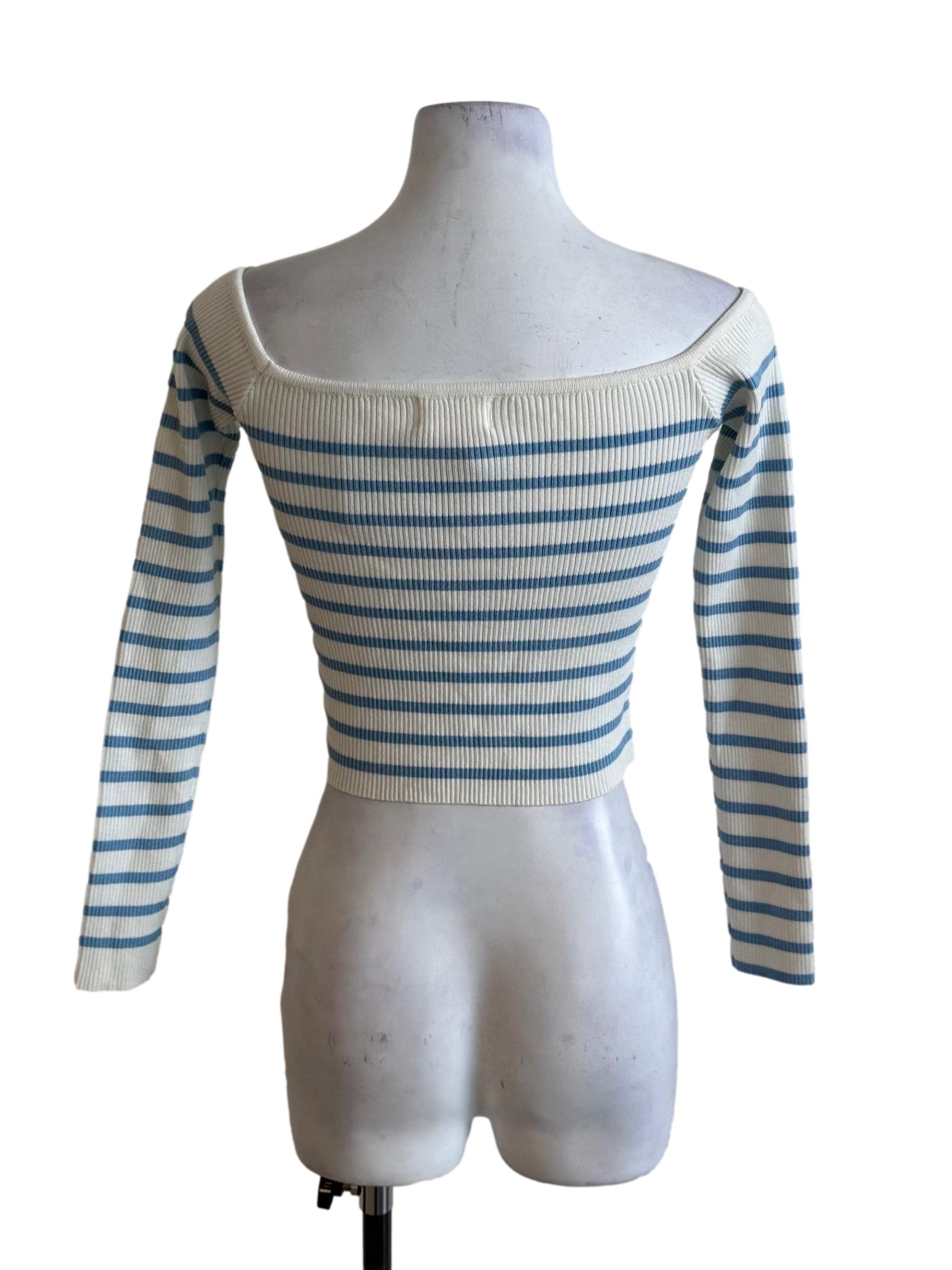White Blue Stripe Knit Button Top