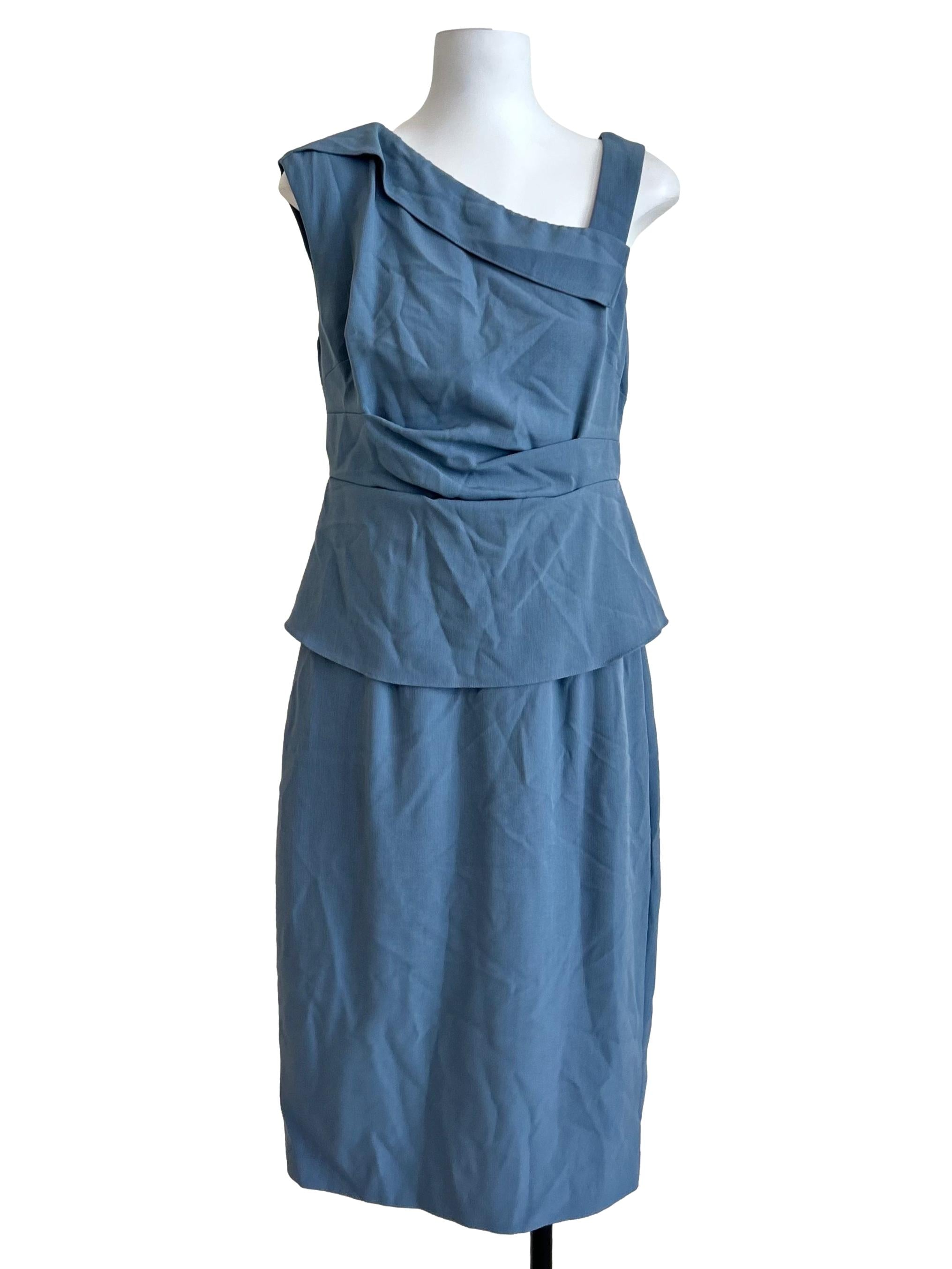 Slate Blue Asymmetric Peplum Midi Dress
