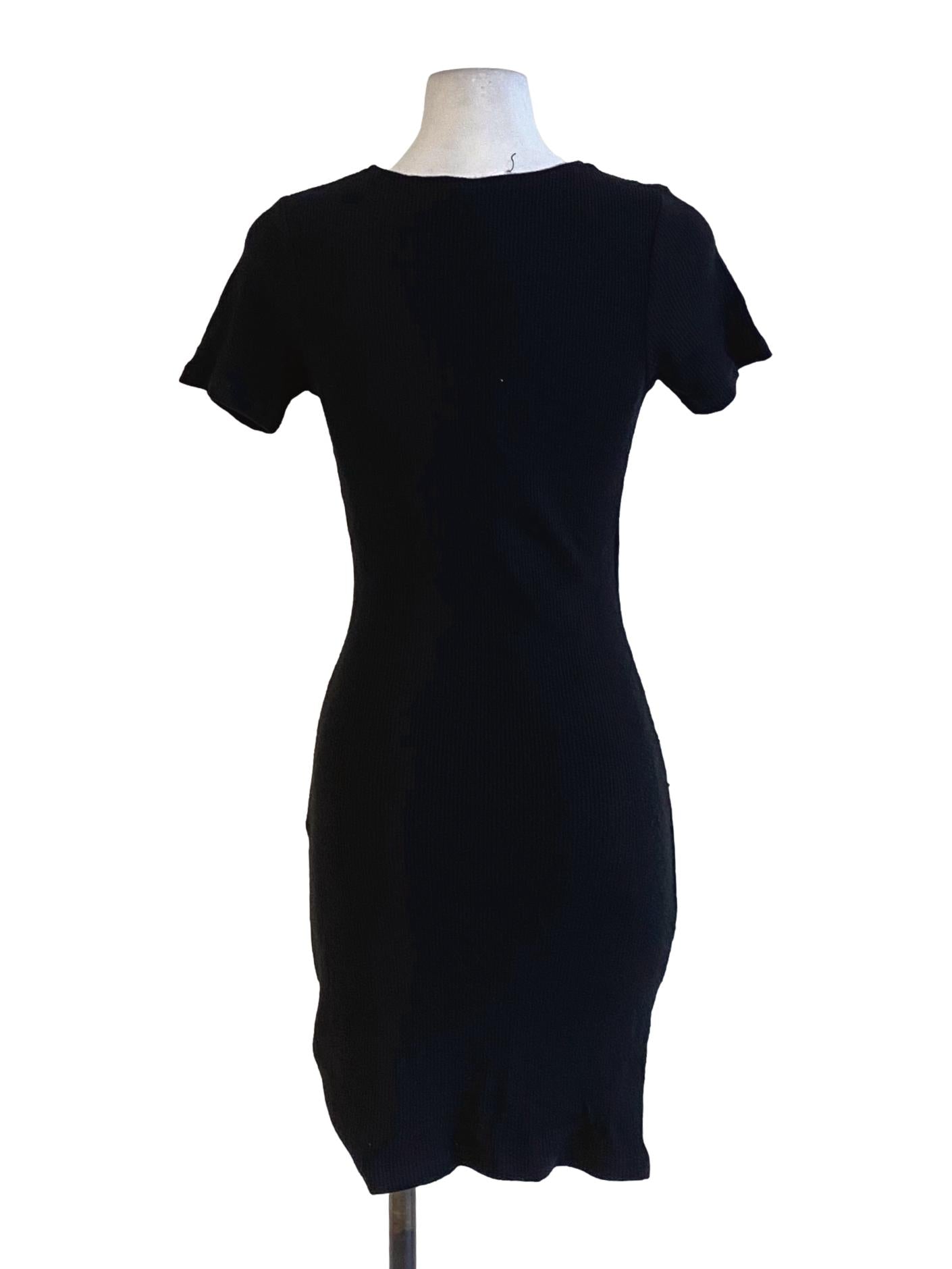 Rich Black V-Neck Short Sleeve Fit Bodycon Dress