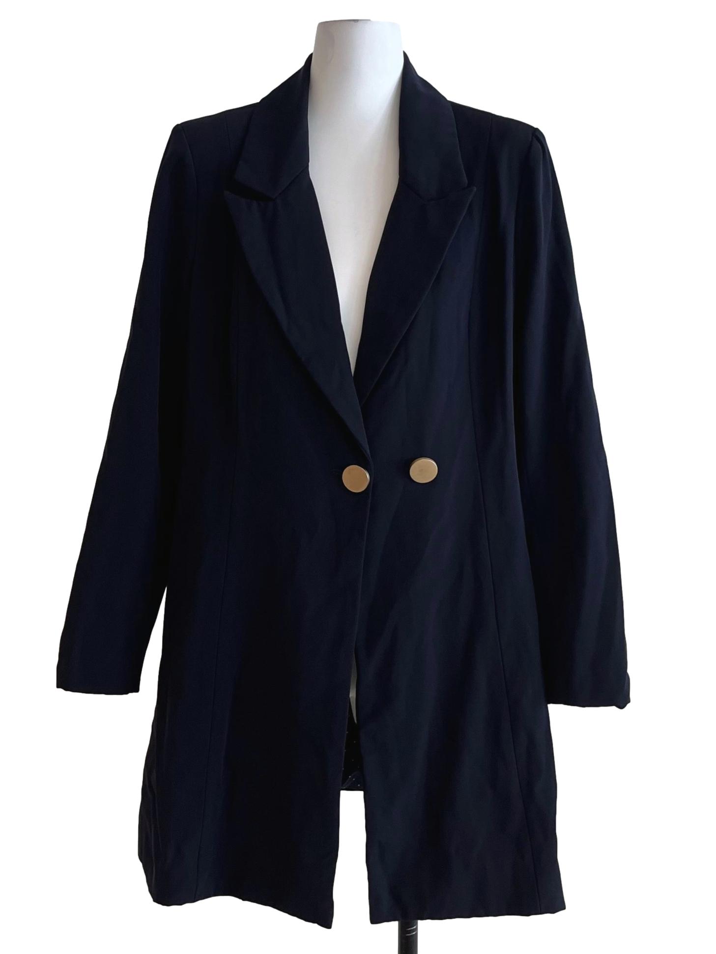 Navy Blue Wing Collar Single Breasted Long Blazer