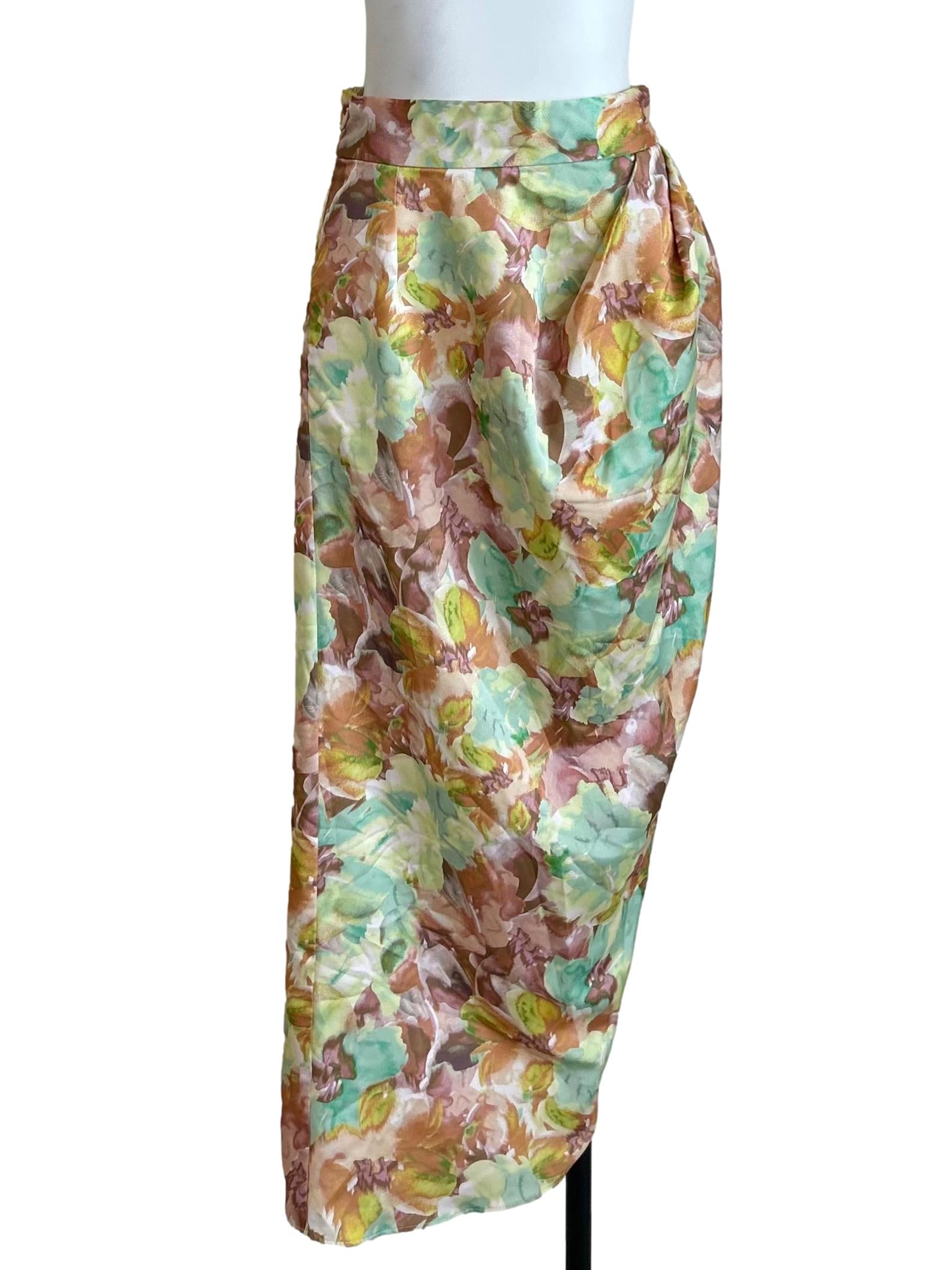 Multicolor Floral Satin Draped Skirt