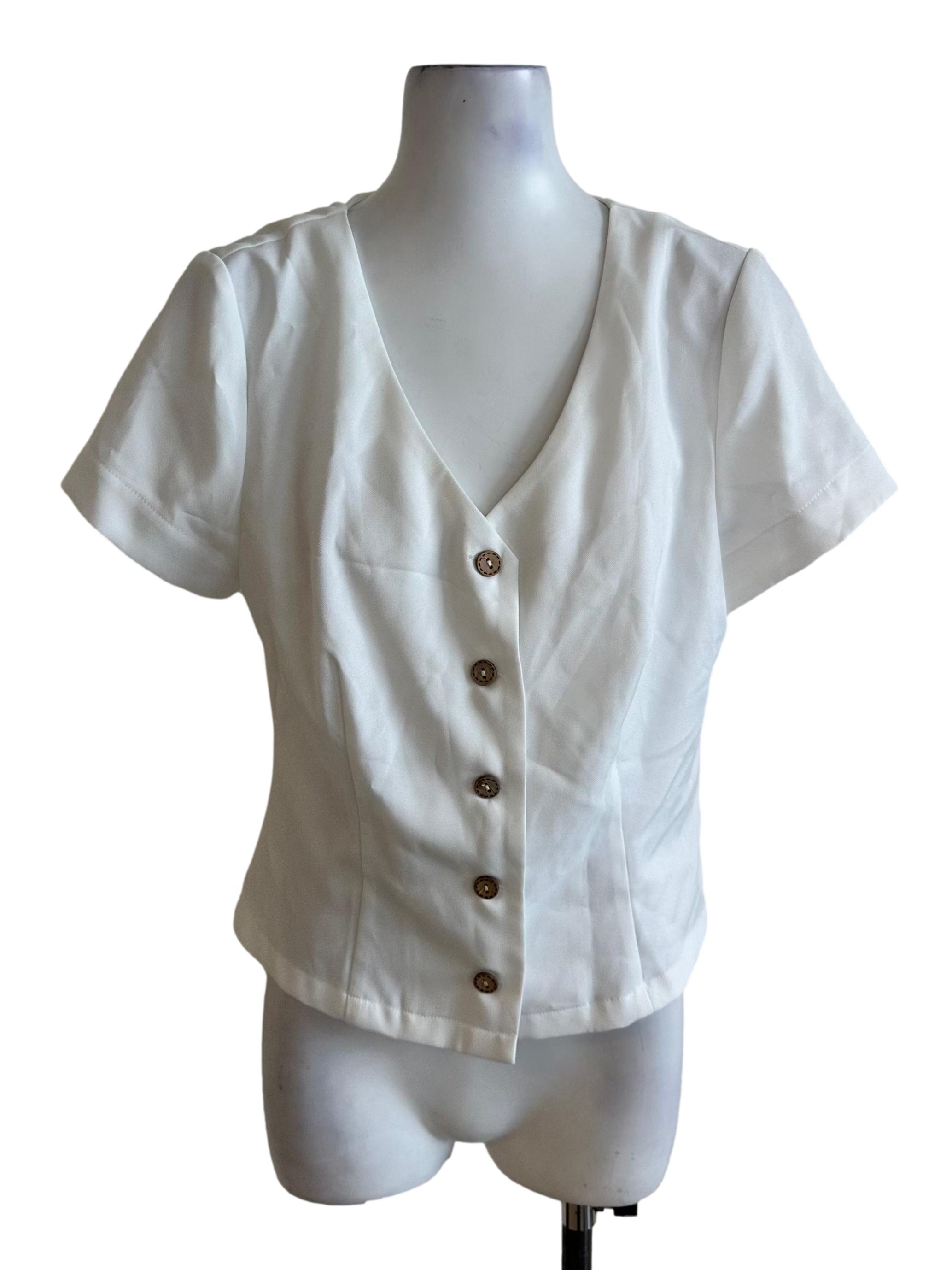 Ivory White V Neck Button Top