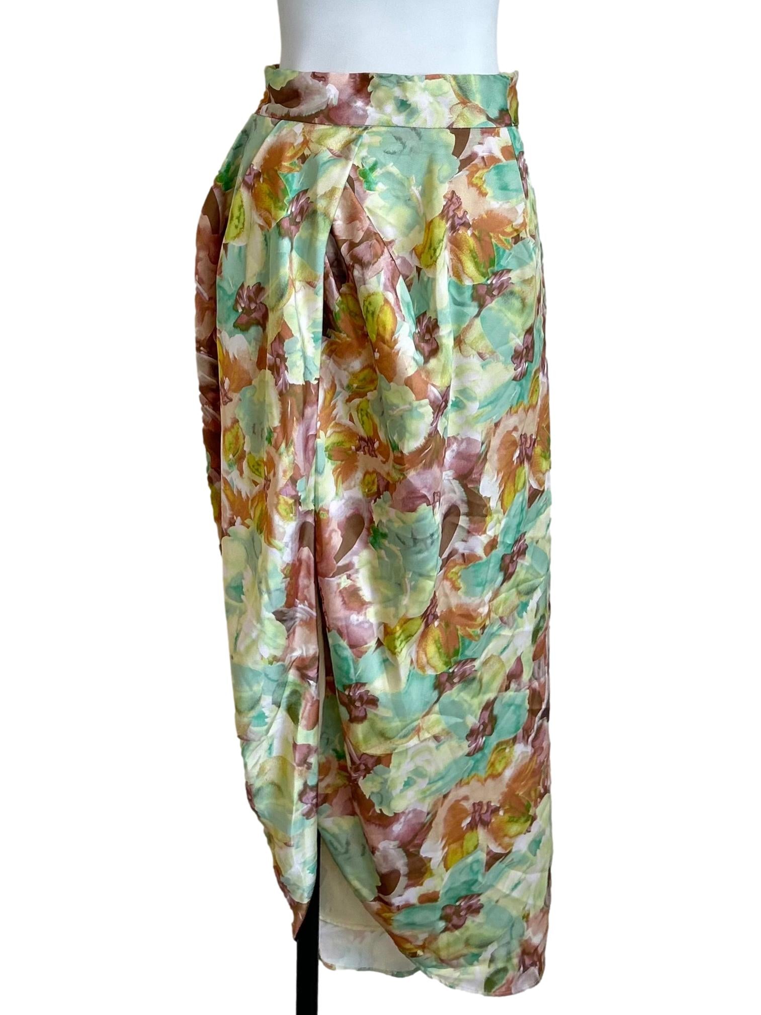 Multicolor Floral Satin Draped Skirt