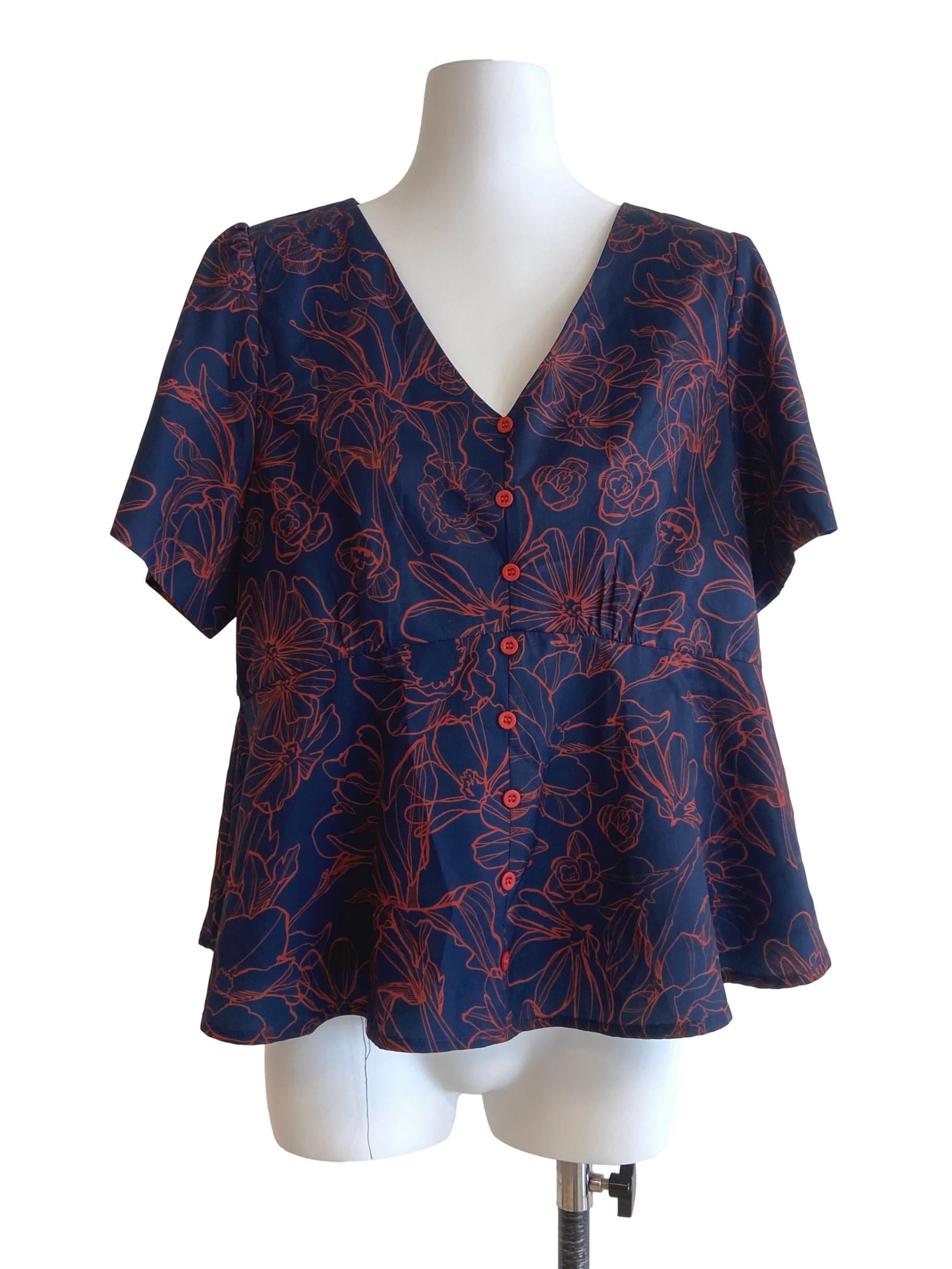 Blue Orange Floral Printed Blouse