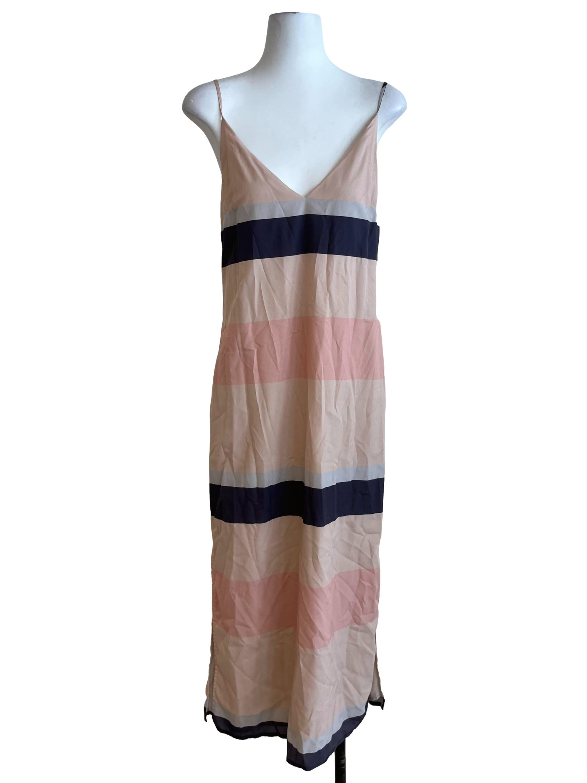 Beige Stripe V-Neckline Slip Dress