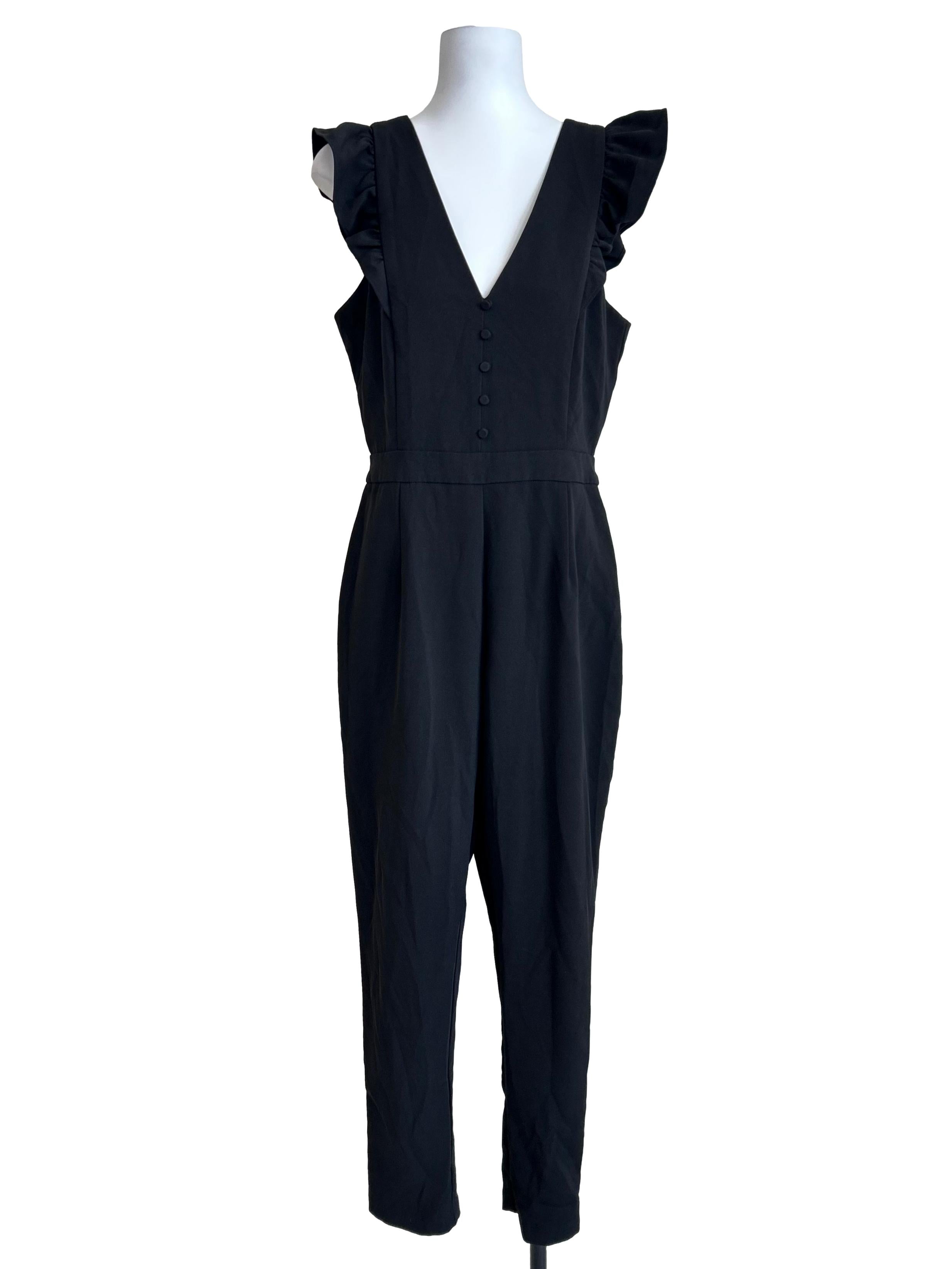 Black V-Neck Ruffle Shoulder Jumpsuit