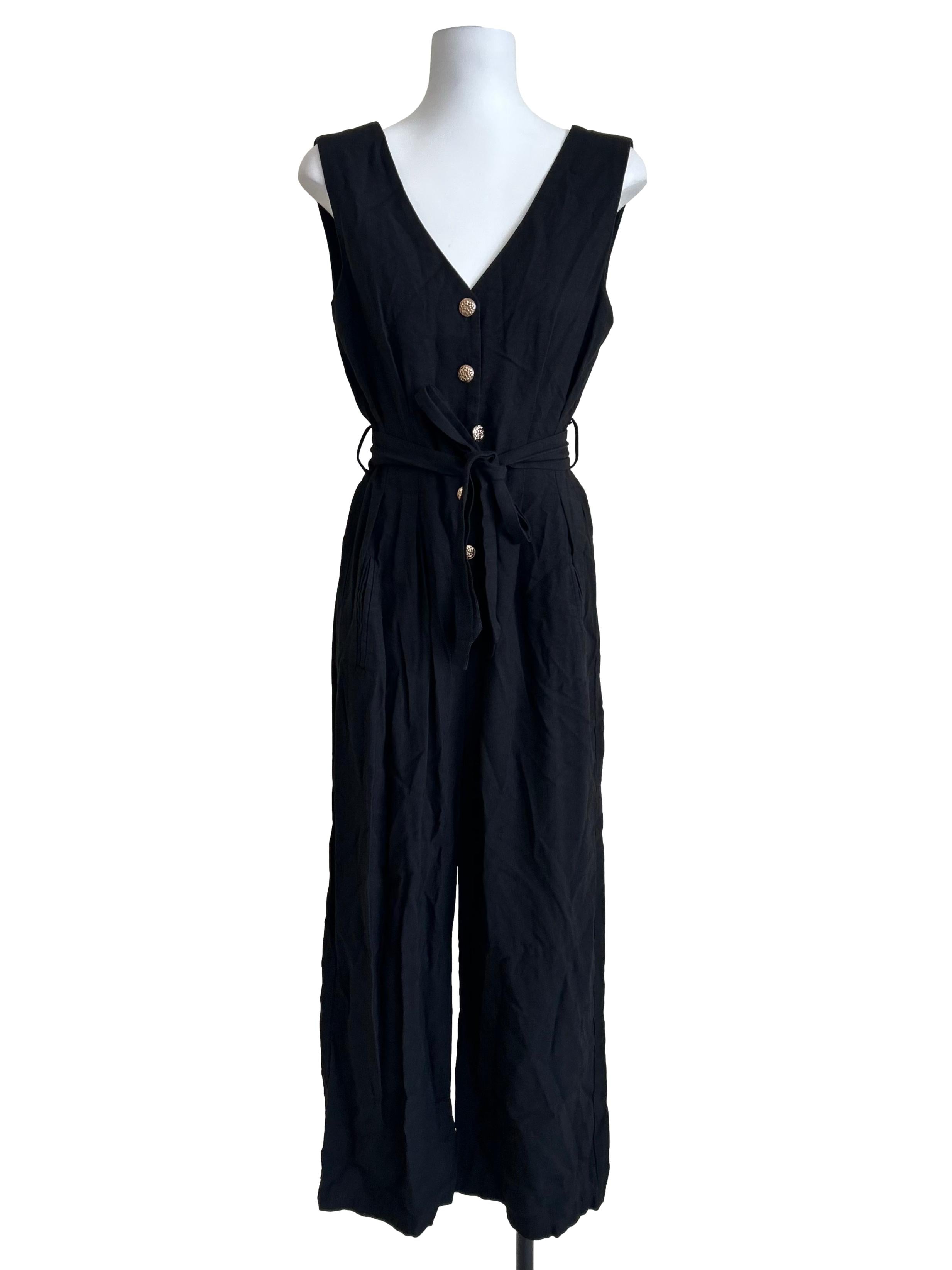 Black Button Detail Tie-Waist Jumpsuit