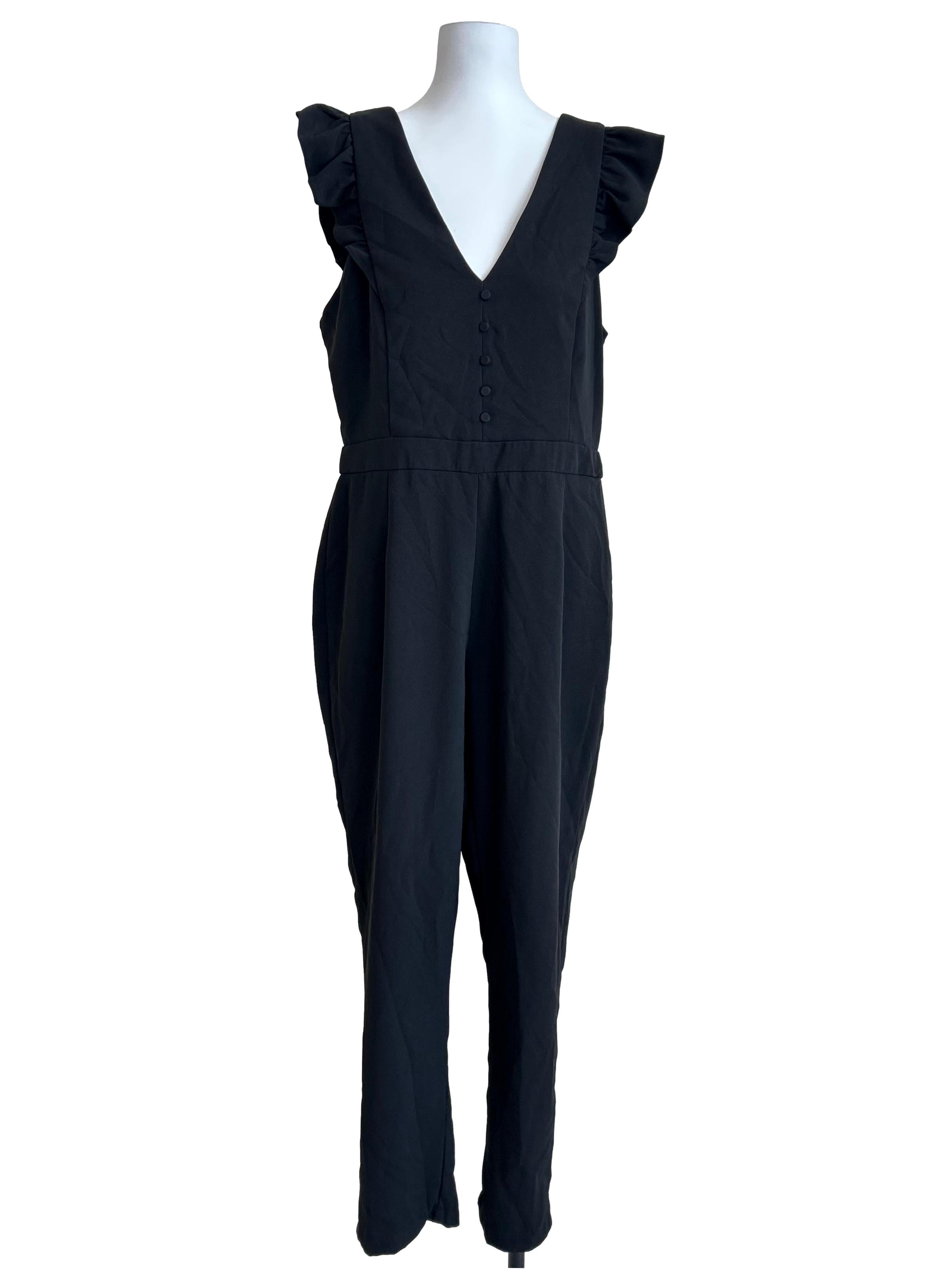 Black V-Neck Ruffle Shoulder Jumpsuit