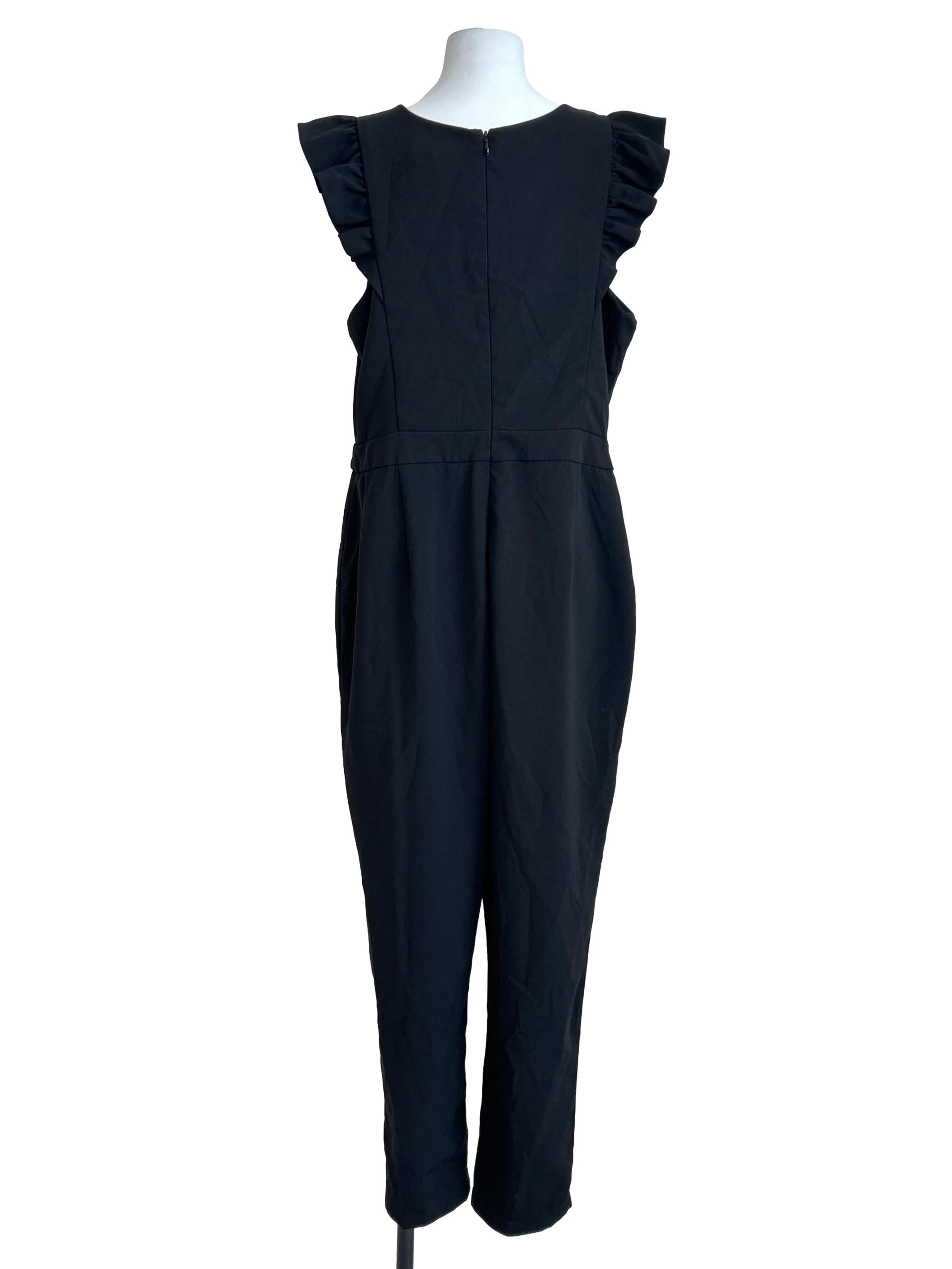 Black V-Neck Ruffle Shoulder Jumpsuit