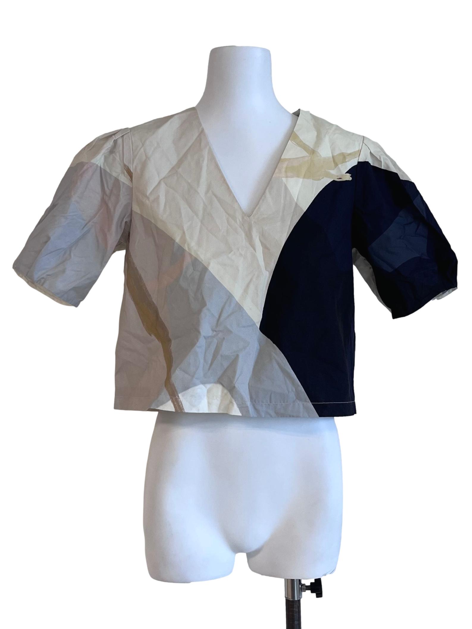 Navy Print A Place To Be V-Neck Cotton Top OSN