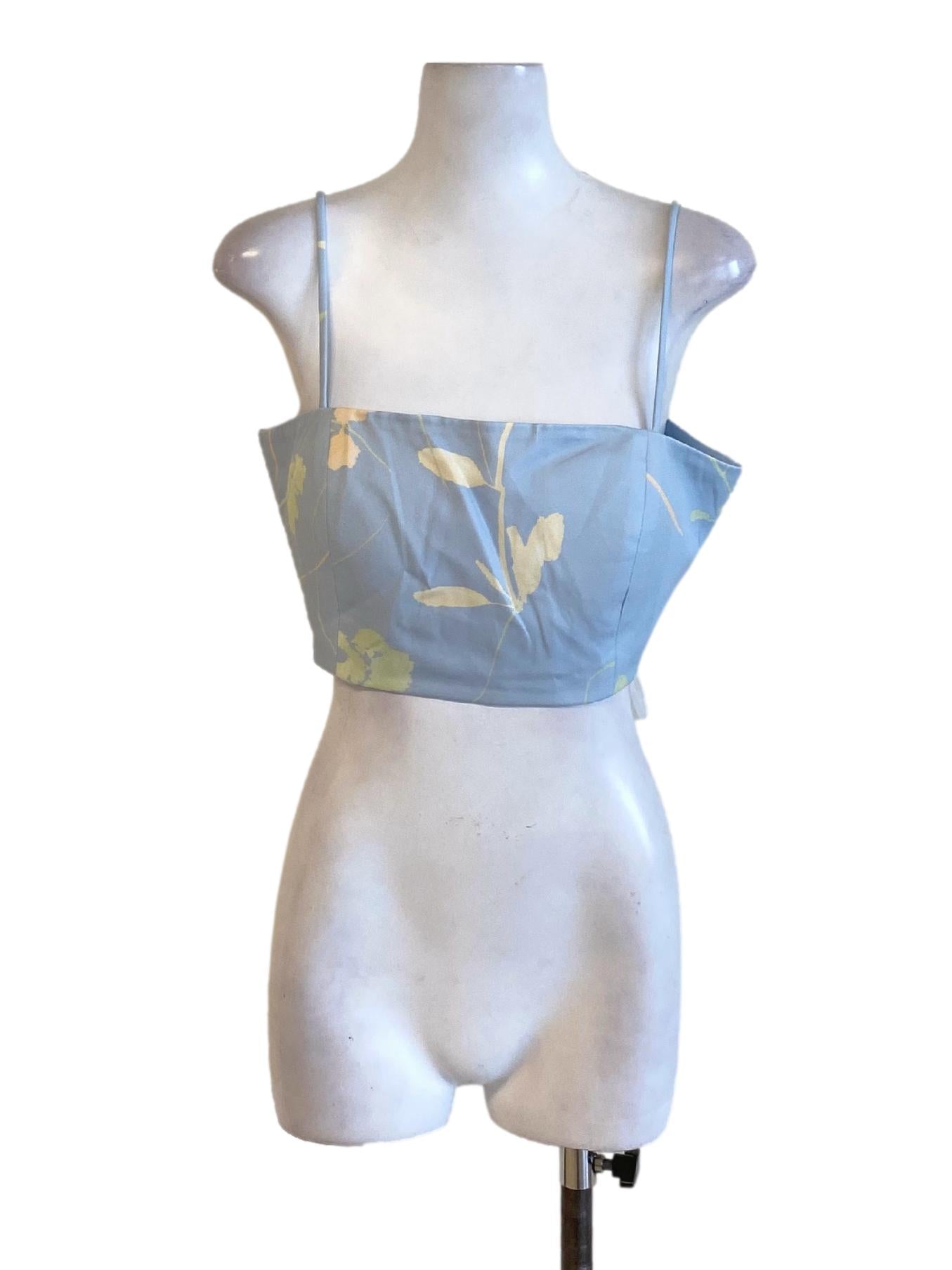 Sky Blue Floral Spaghetti Strap Square Neck Cropped Top LB