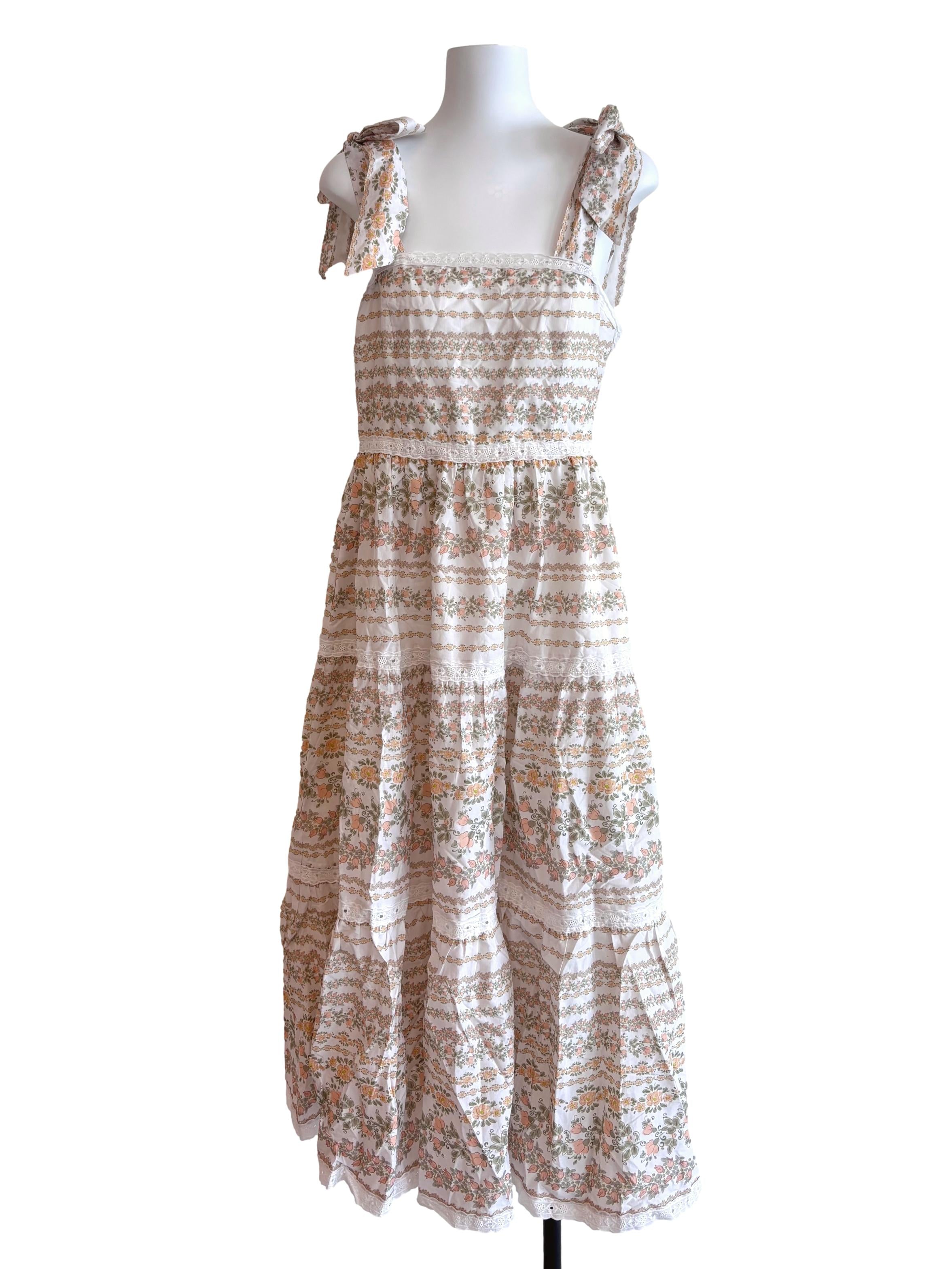 White Floral Prints Lace Tiered Maxi Dress