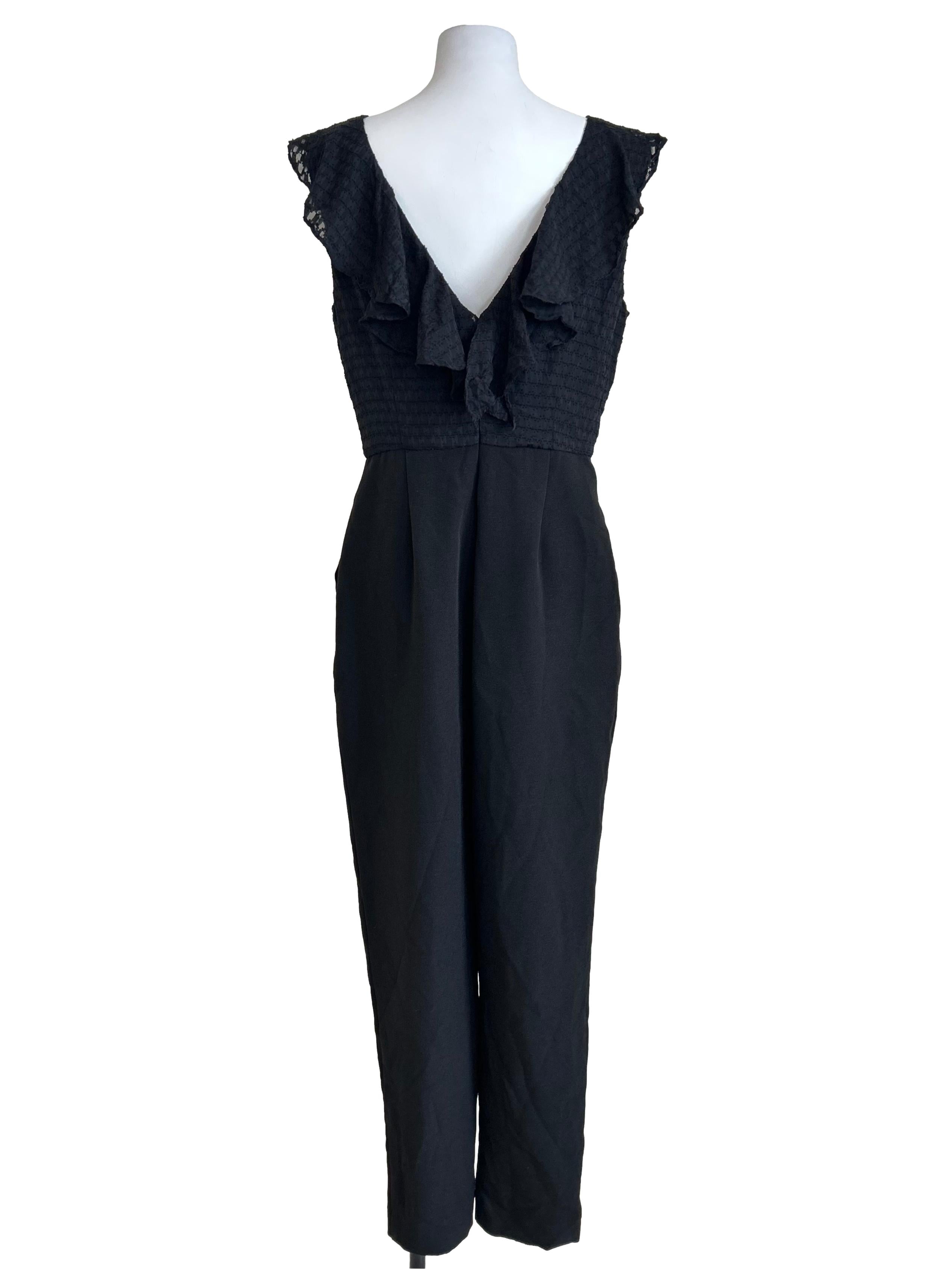 Black Lace Trim Ruffle Jumpsuit