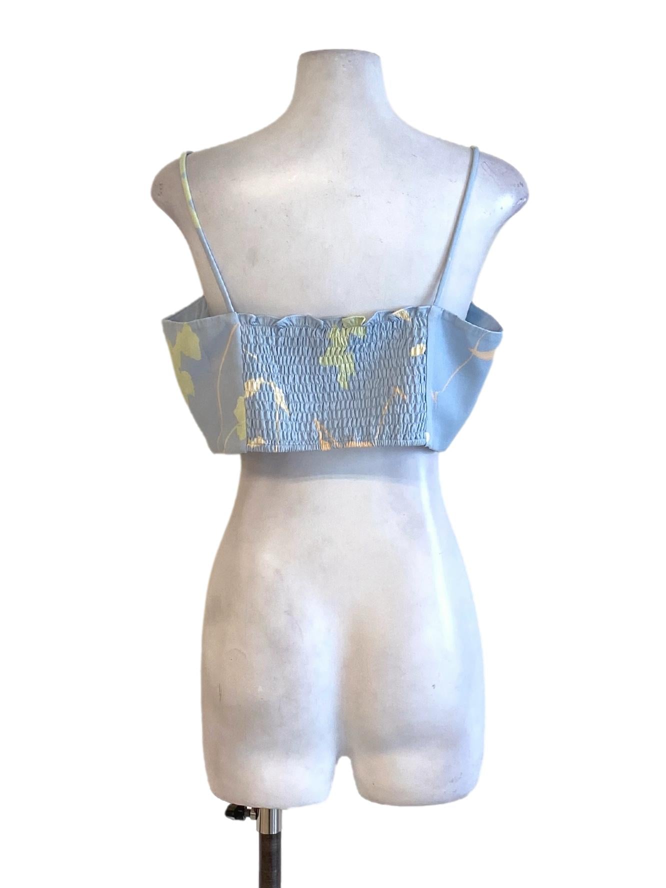 Sky Blue Floral Spaghetti Strap Square Neck Cropped Top LB