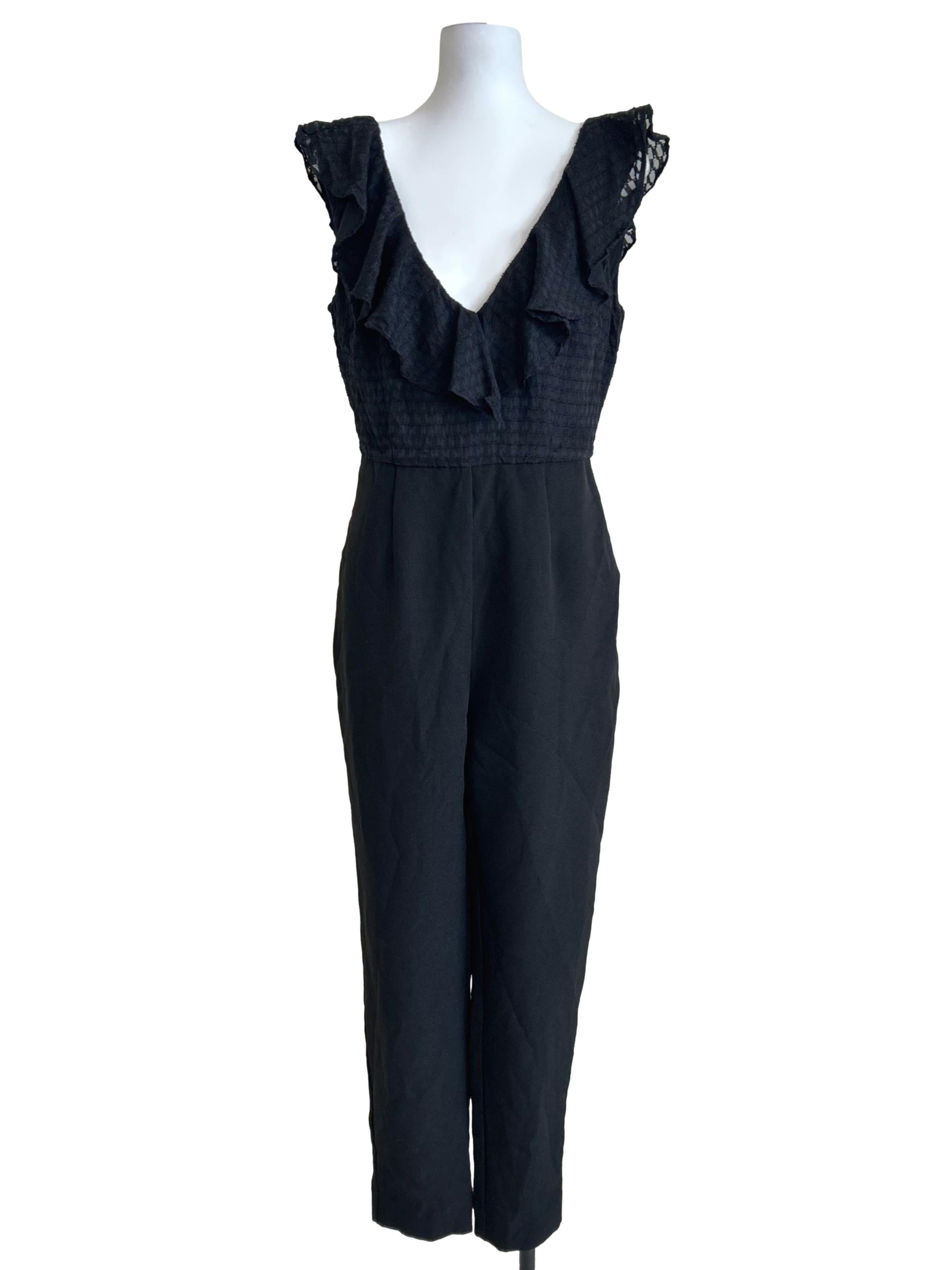 Black Lace Trim Ruffle Jumpsuit