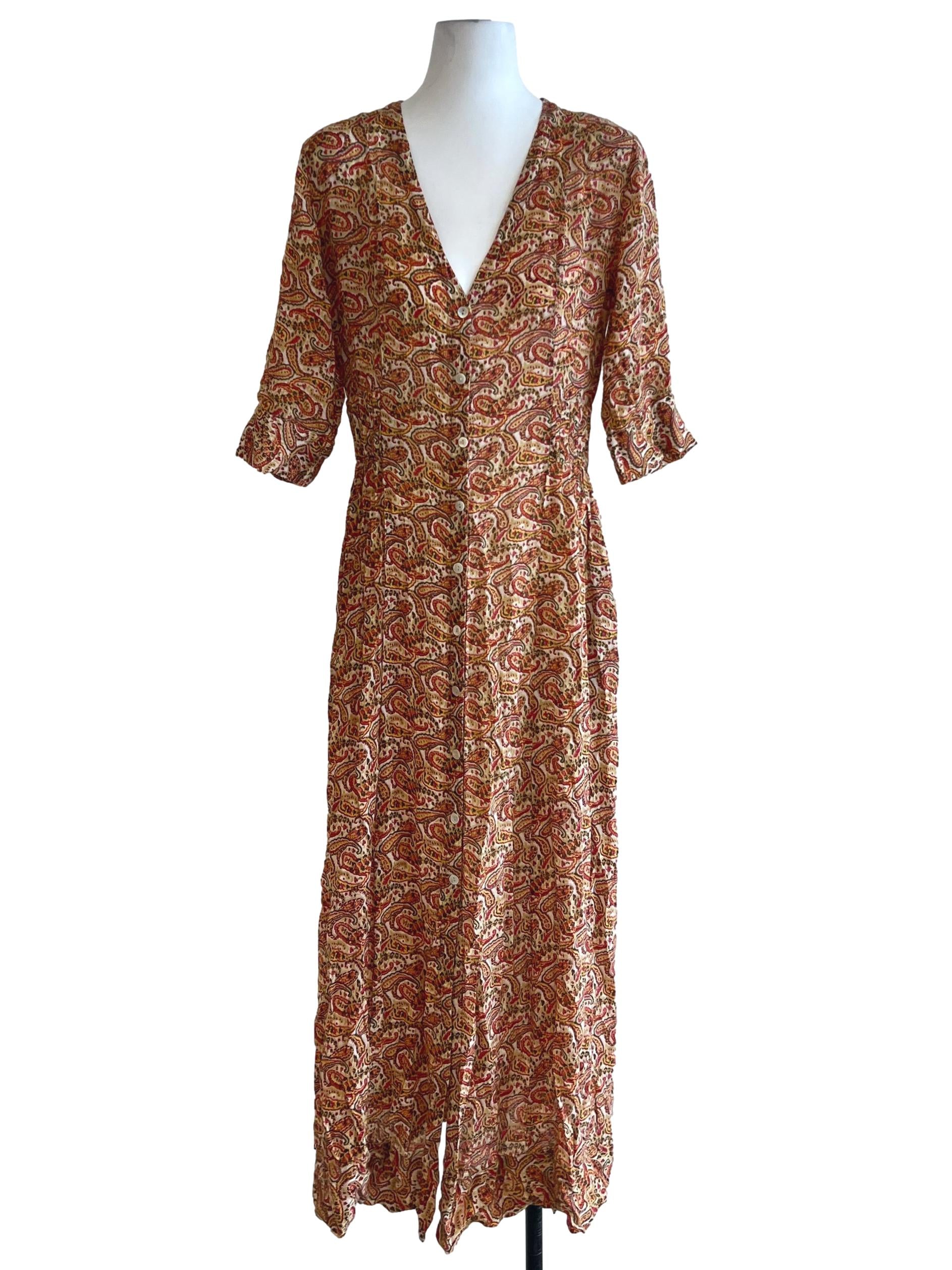 Beige Paisley V-Neckline Empire Dress