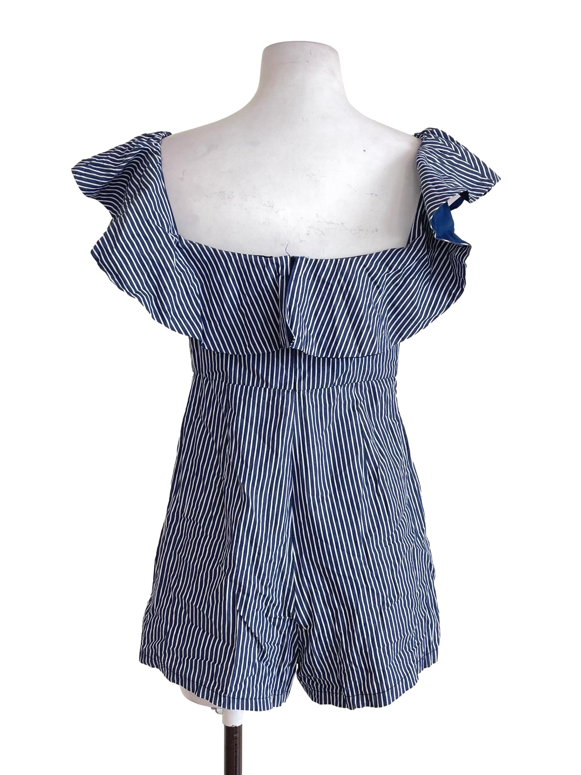 Playdress Blue Bengal Stripe Off-Shoulder Romper | REFASH